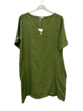 VC0147OLI Linen V-Neck Tunic Dress Olive Green