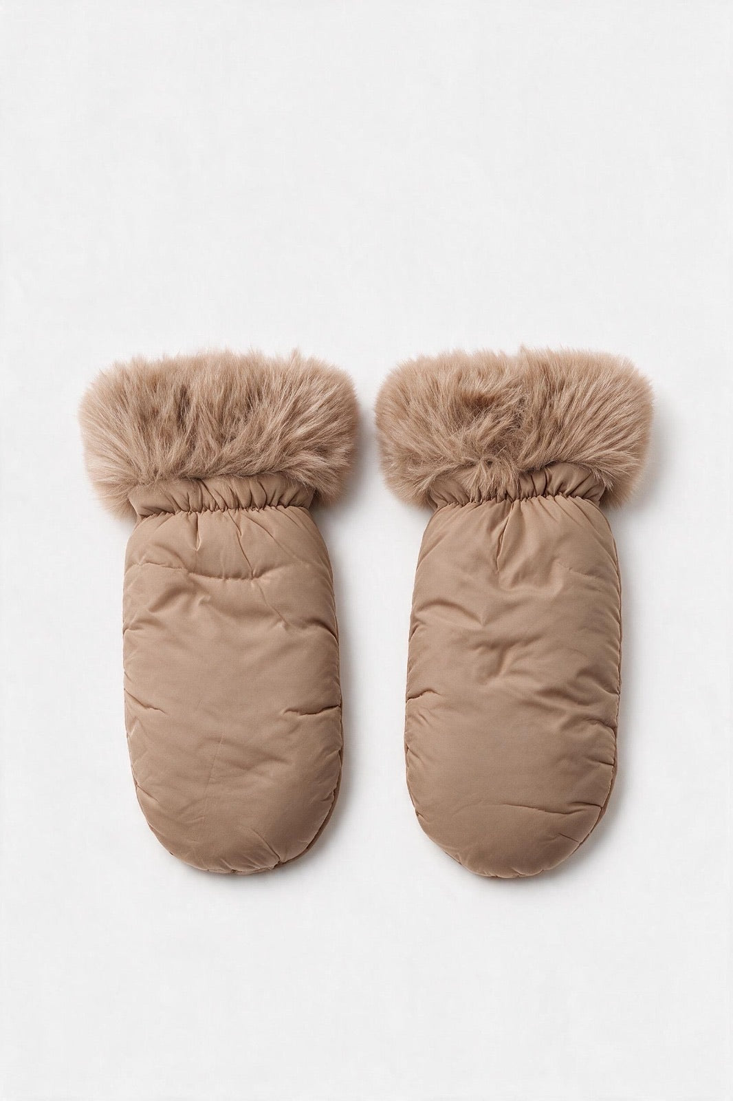 JA373 Camel Fur Trim Puffer Mittens