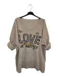 VI343 Beige V-Neck Velvet Love Print Top