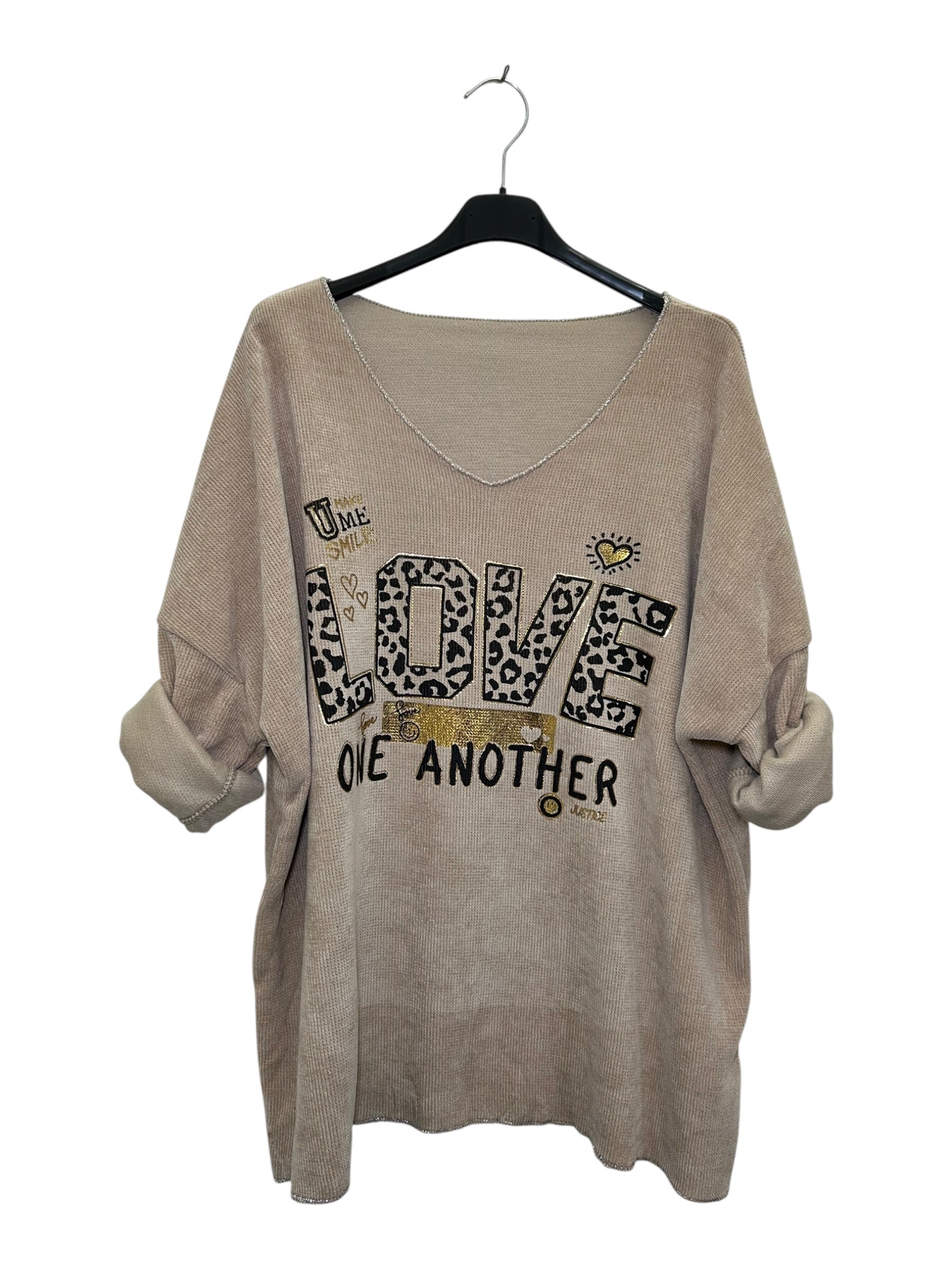 VI343 Beige V-Neck Velvet Love Print Top