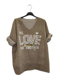 VI344 Camel V-Neck Velvet Love Print Top