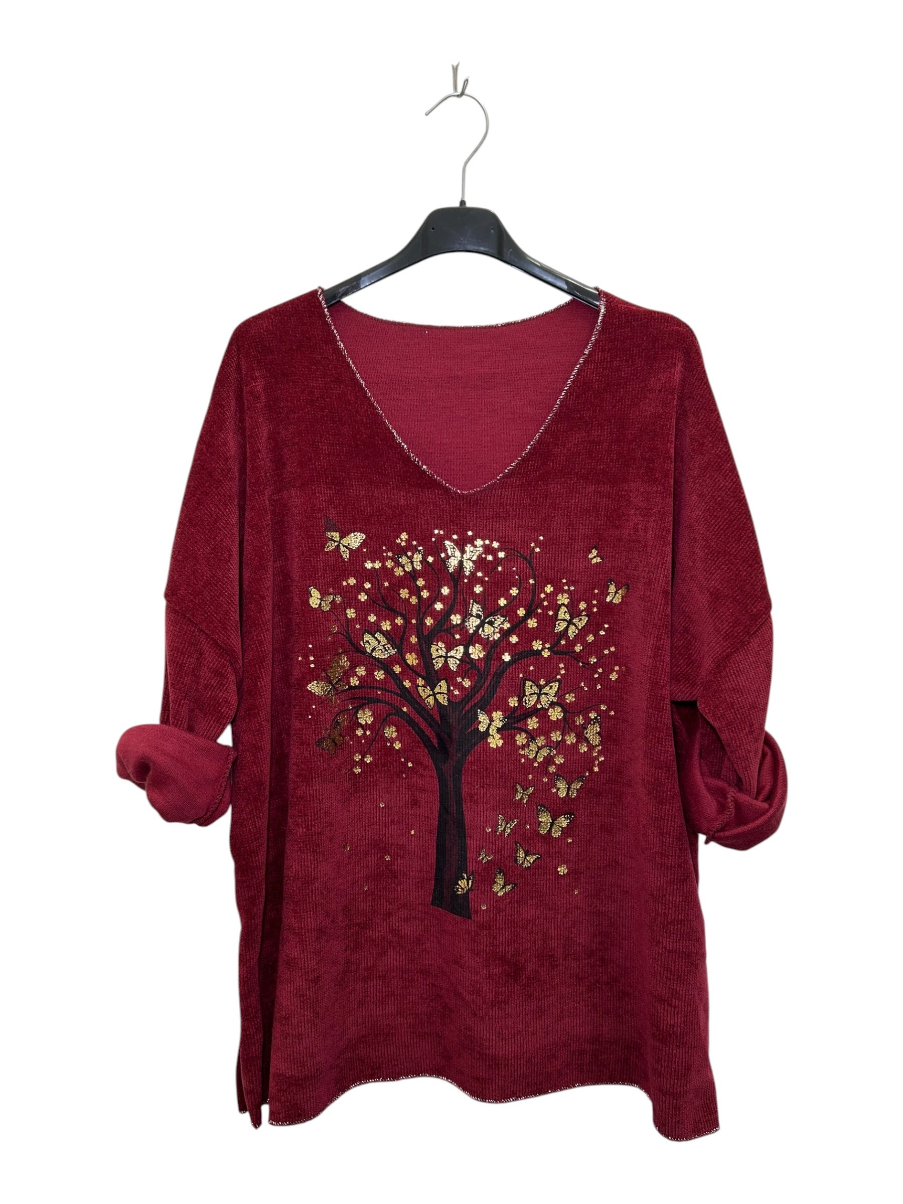 VI337 Wine Red V-Neck Velvet Tree Print Top