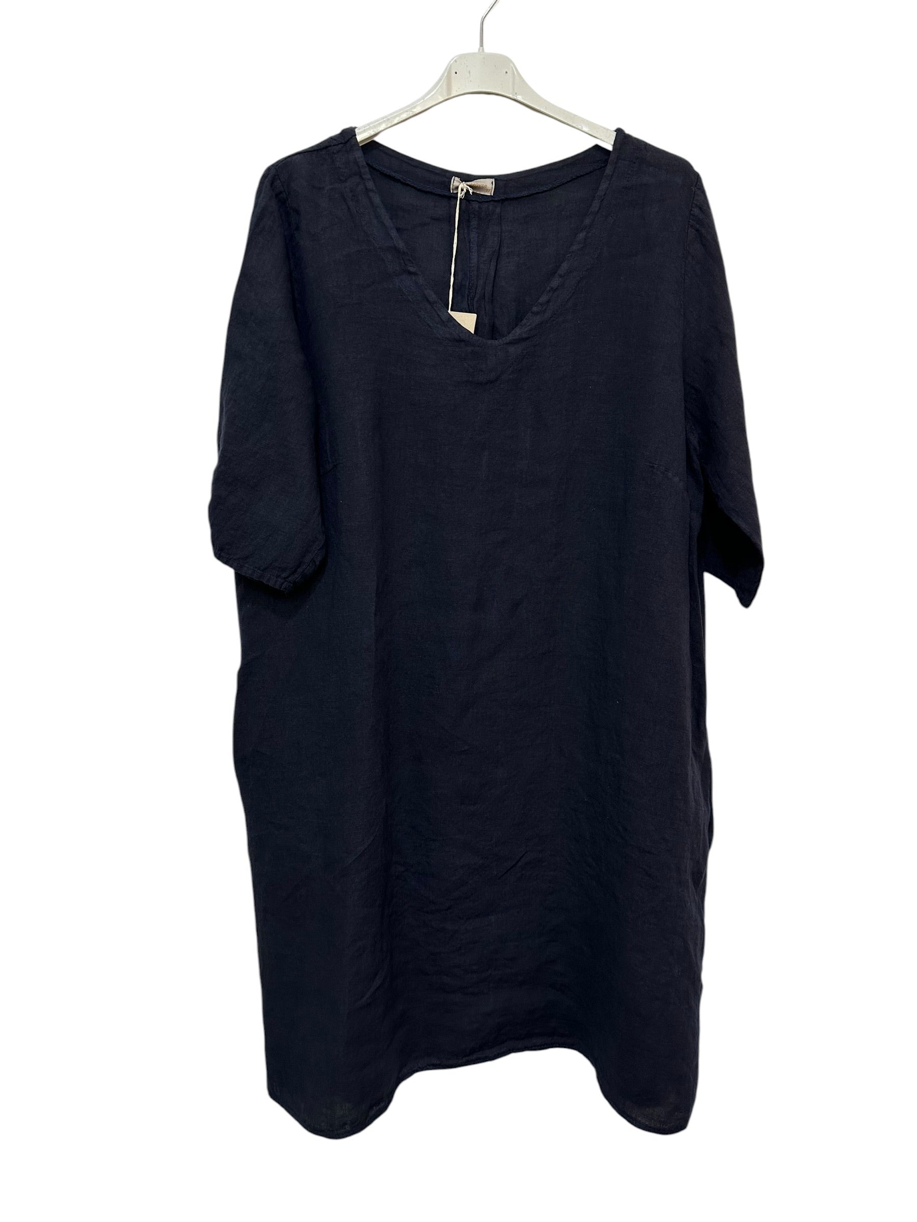 VC2278NAV Linen Short-Sleeve Dress Navy
