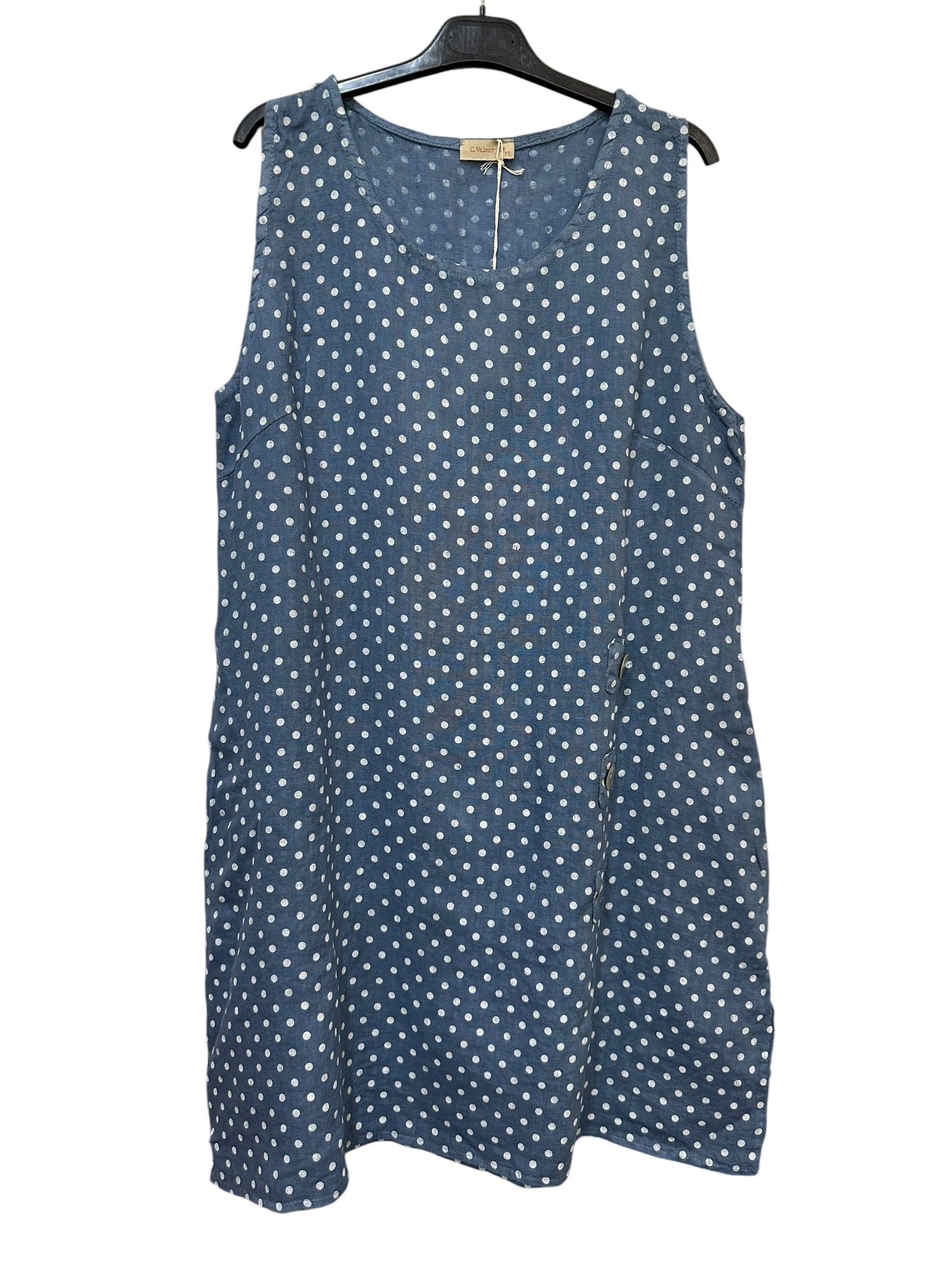 VC1302PDEN Sleeveless Linen Polka Dot Dress Denim Blue