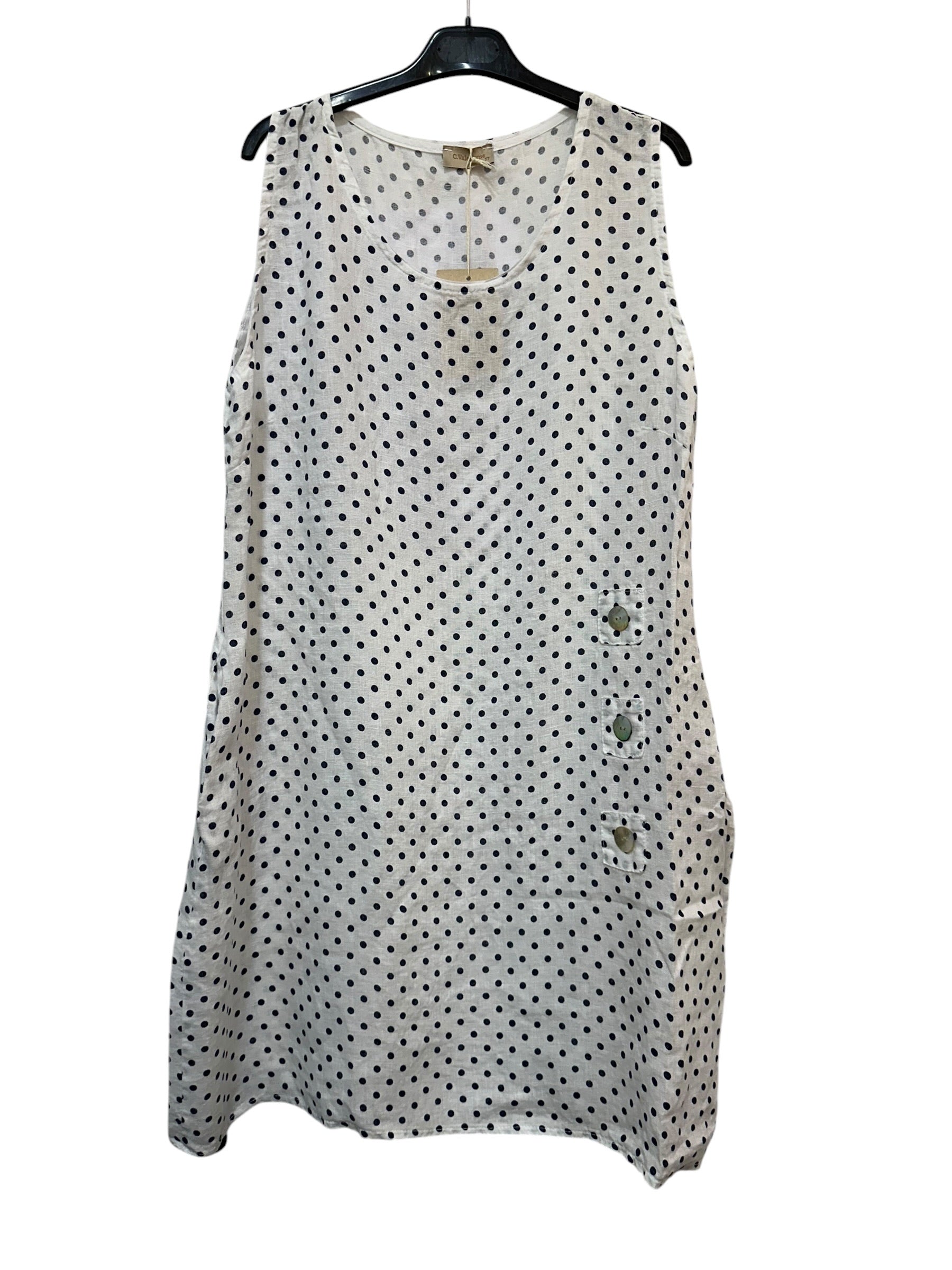 VC1302PWHI Sleeveless Linen Polka Dot Dress White