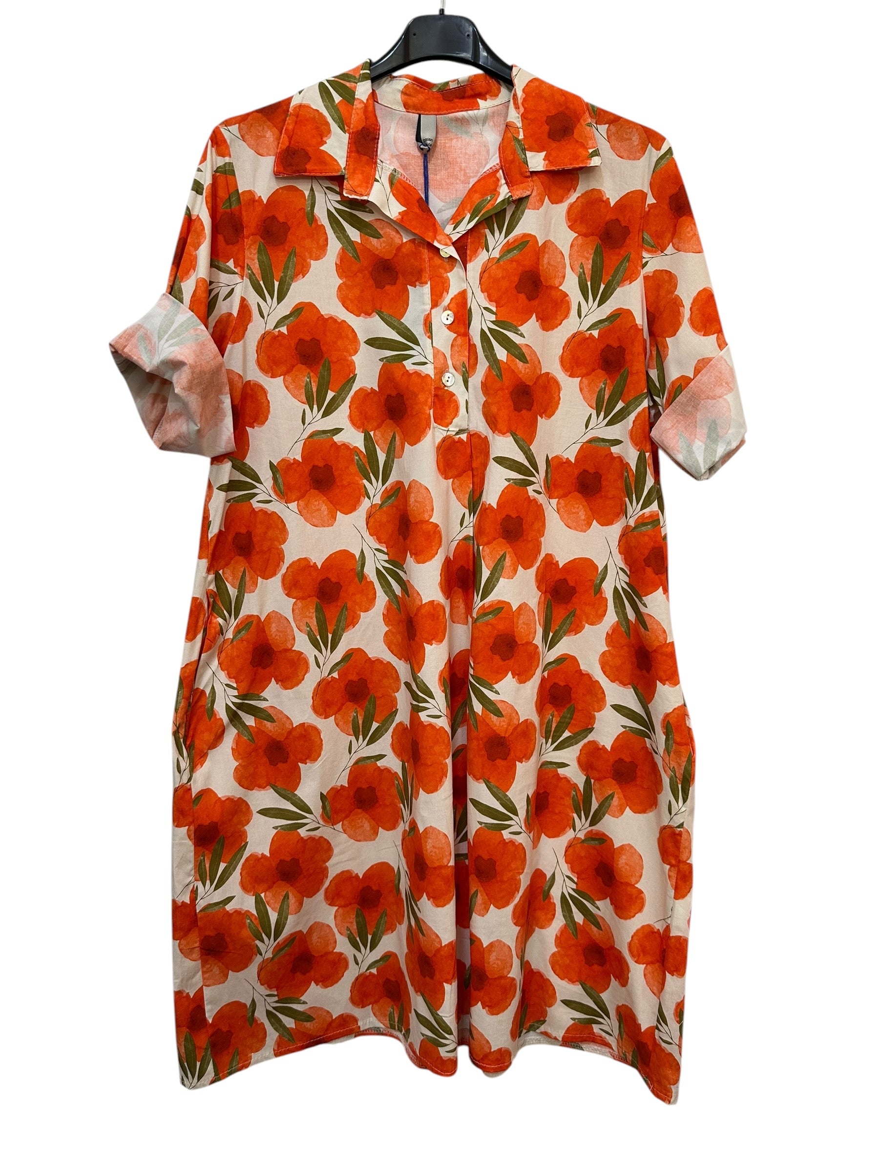 VC24002CORA Cotton Poppy Floral Shirt Dress Orange