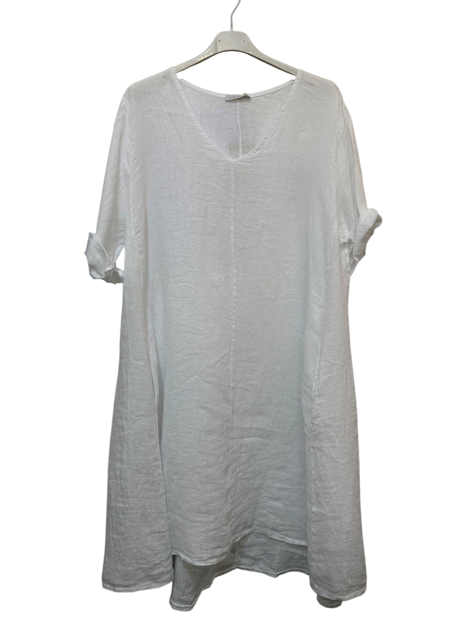VC5394WHI Linen V-Neck Midi Dress White