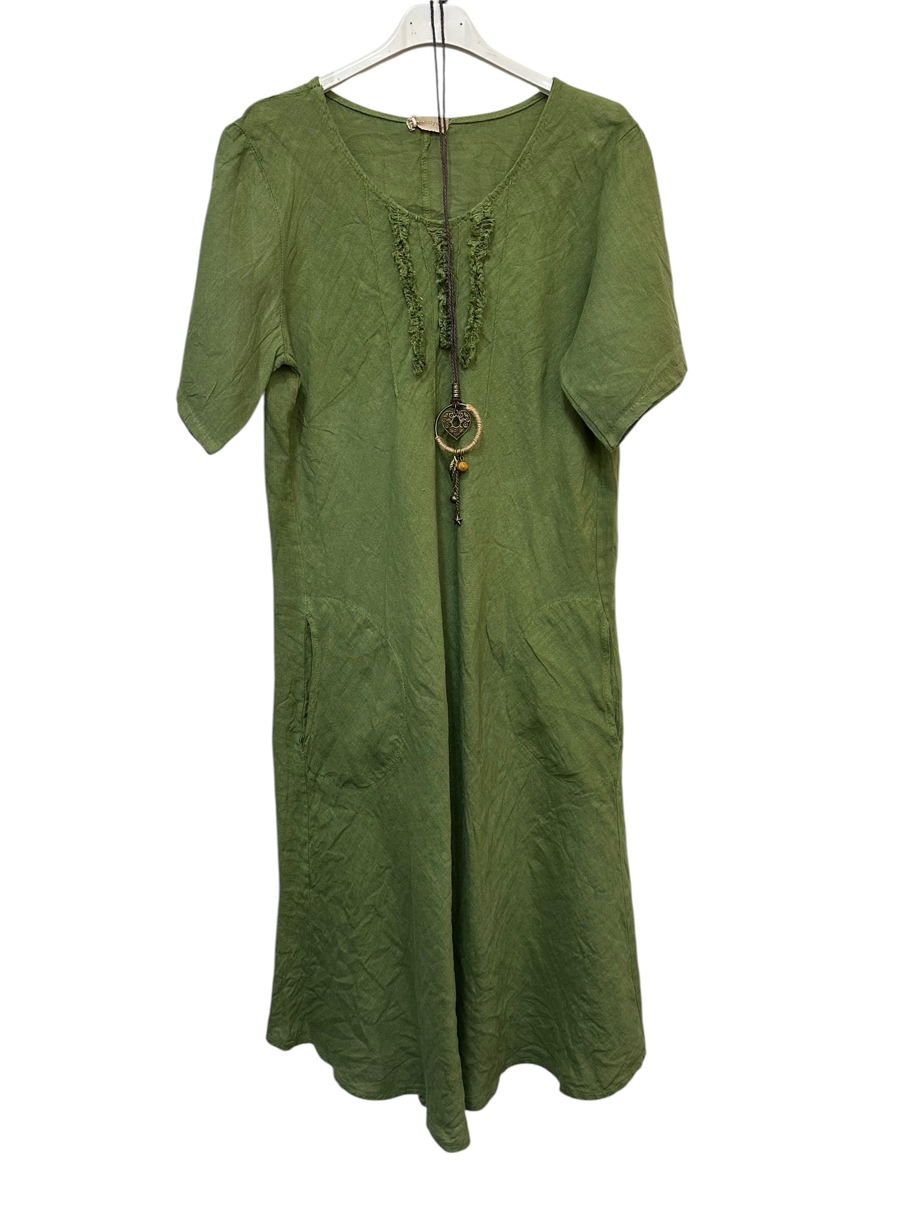 VC3996OLI Linen Round-Neck Pocket Dress Olive Green