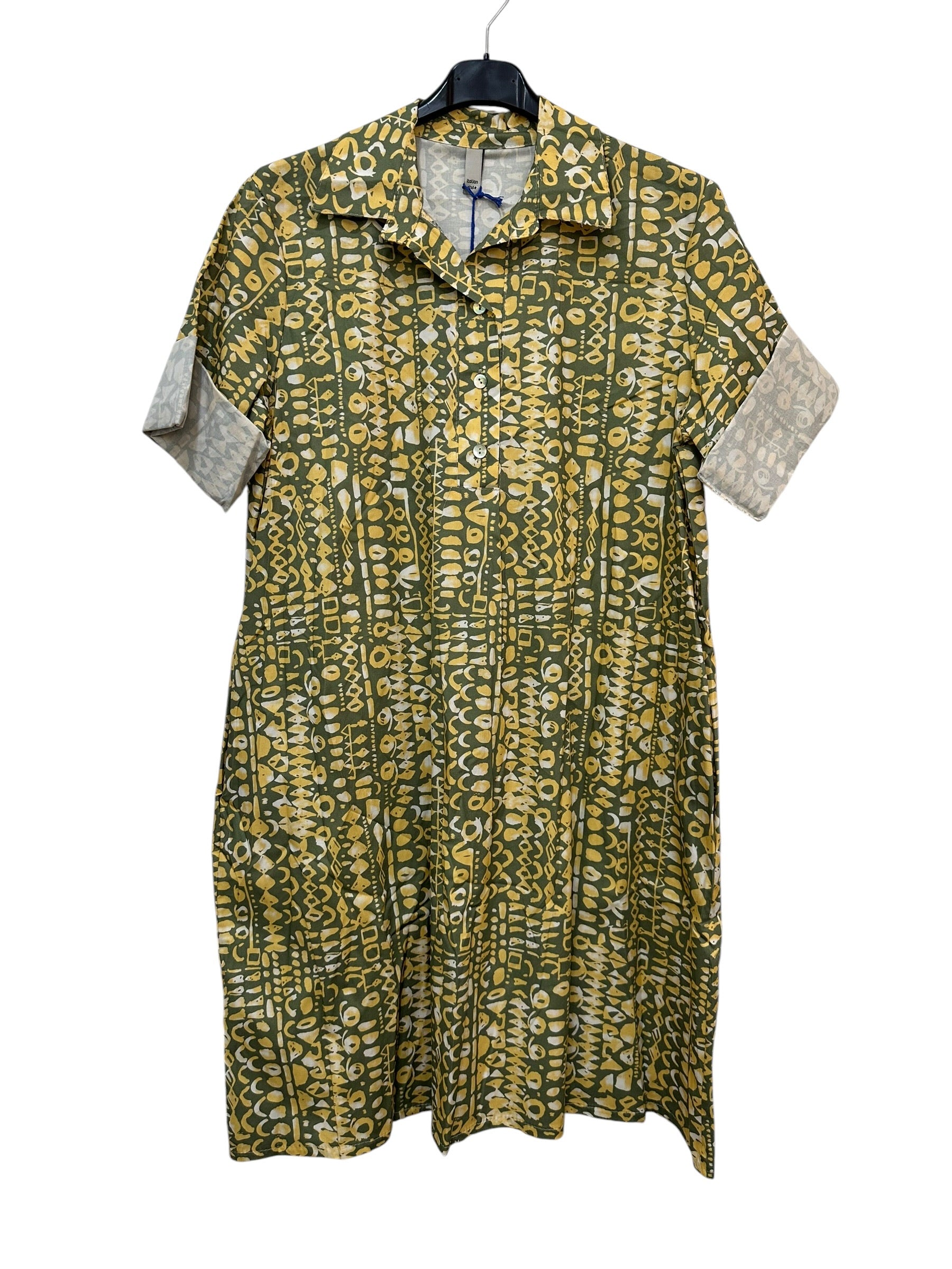 VC24002QKHA Cotton Abstract Print Shirt Dress Khaki