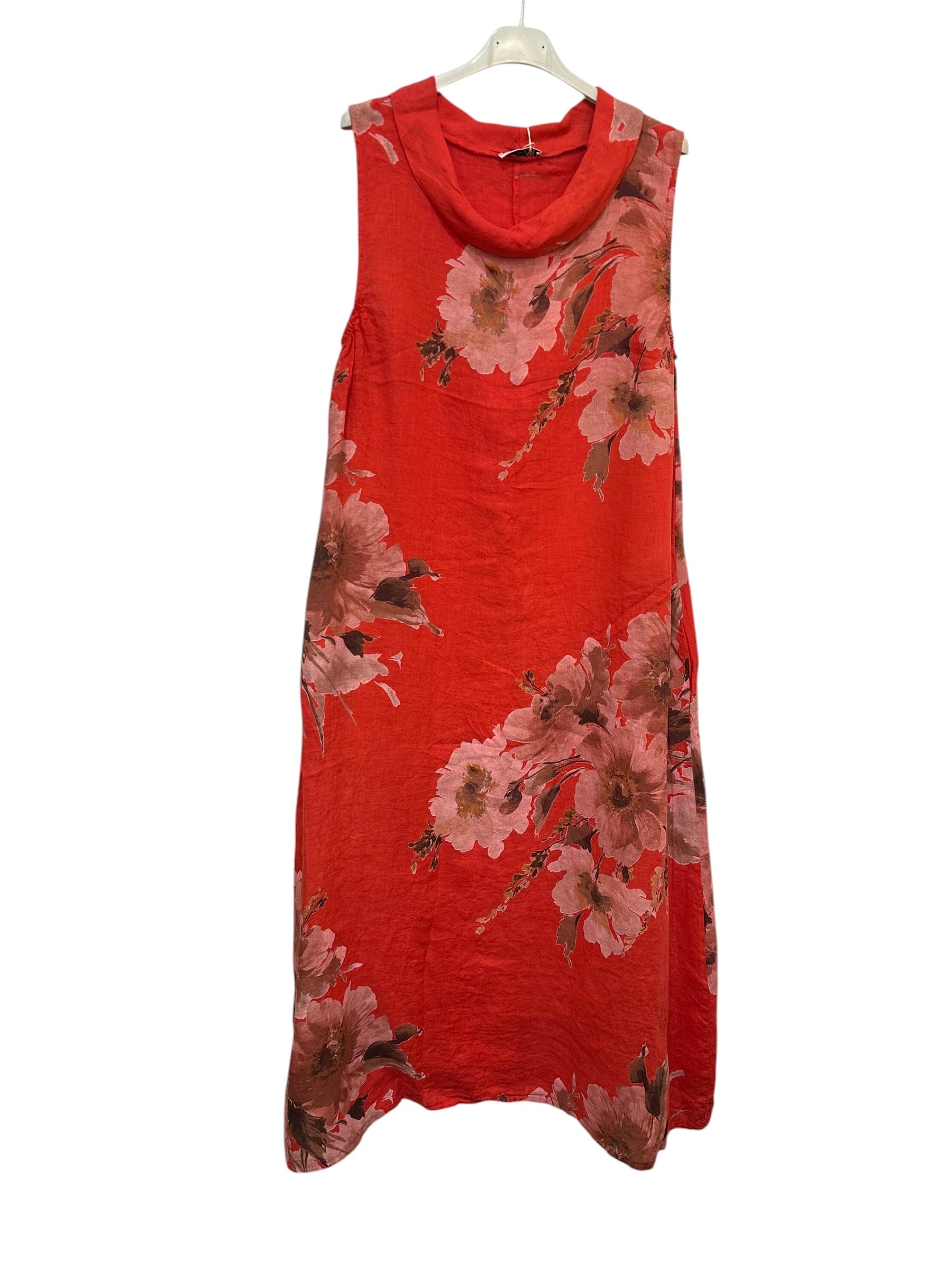 VC5308RED Sleeveless Linen Floral Dress Red