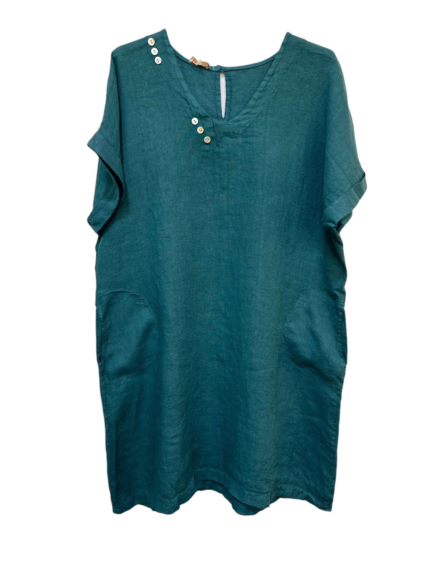 VC3446PET Linen V-Neck Dress Petrol Blue