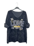VI349 Black V-Neck Velvet Love Print Top