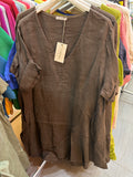 VC5394CHO Linen V-Neck Midi Dress Chocolate