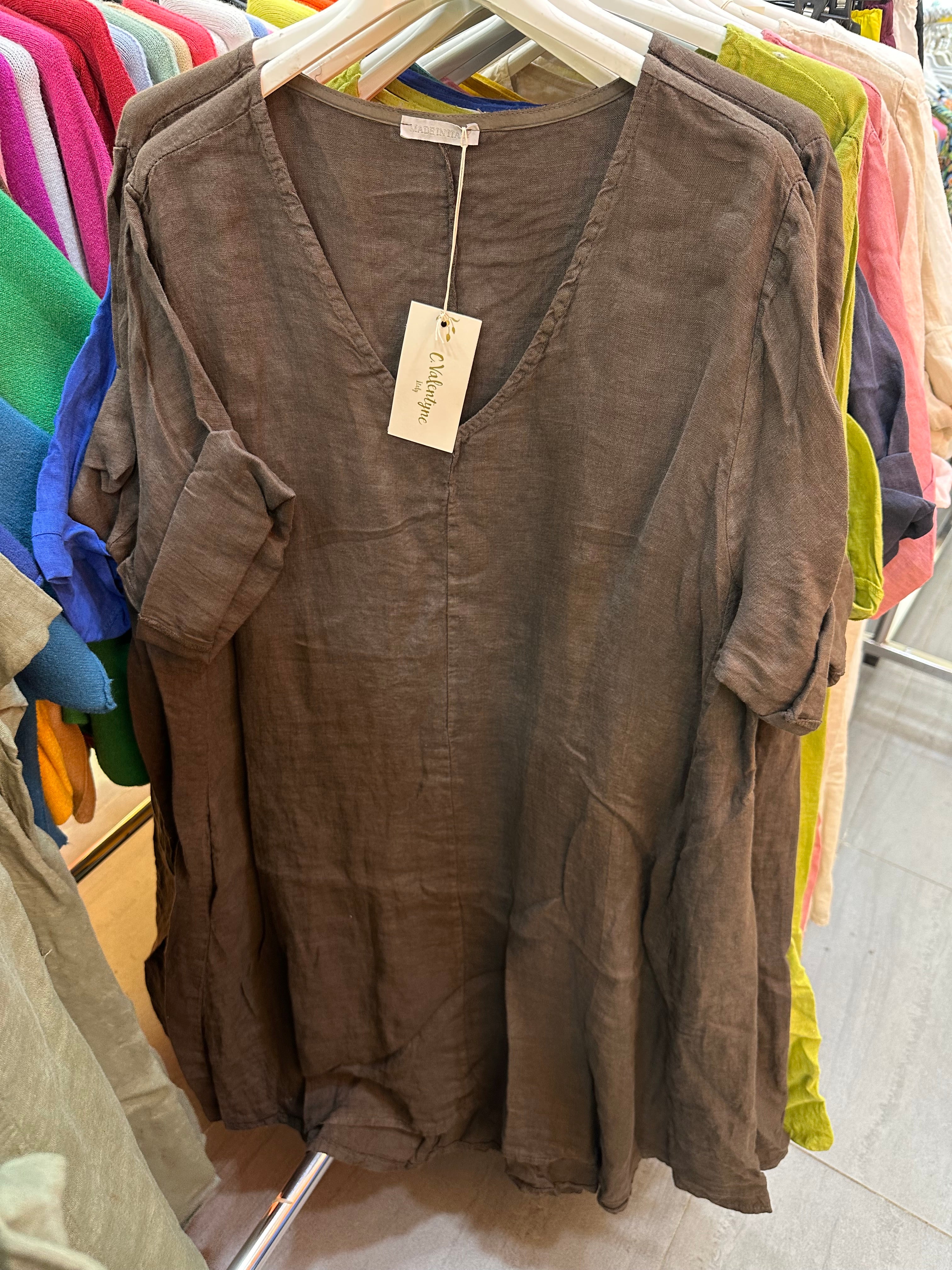 VC5394CHO Linen V-Neck Midi Dress Chocolate