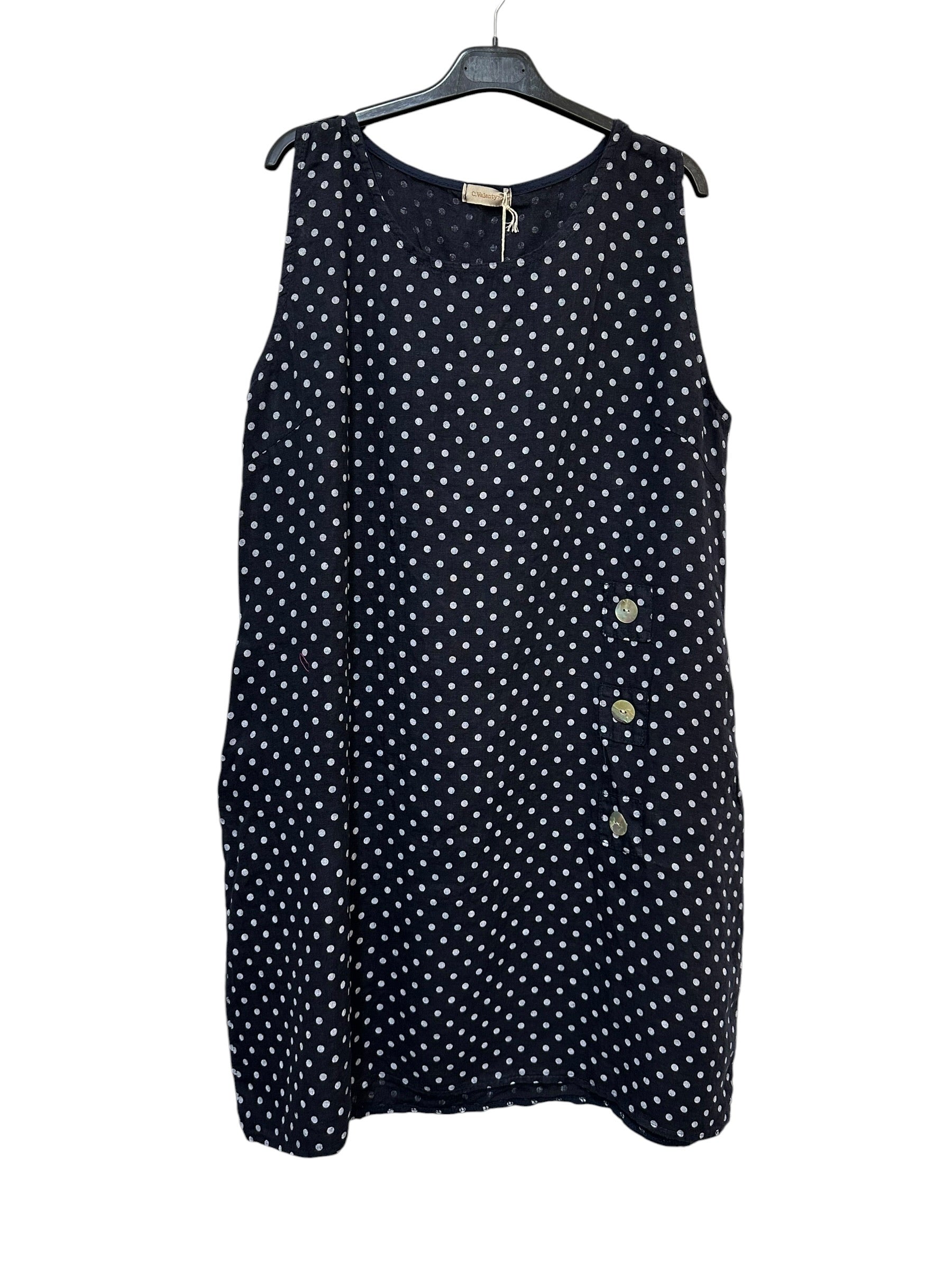 VC1302PNAV Sleeveless Linen Polka Dot Dress Navy