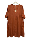 VC484BRI Linen Flutter-Sleeve Dress Brick