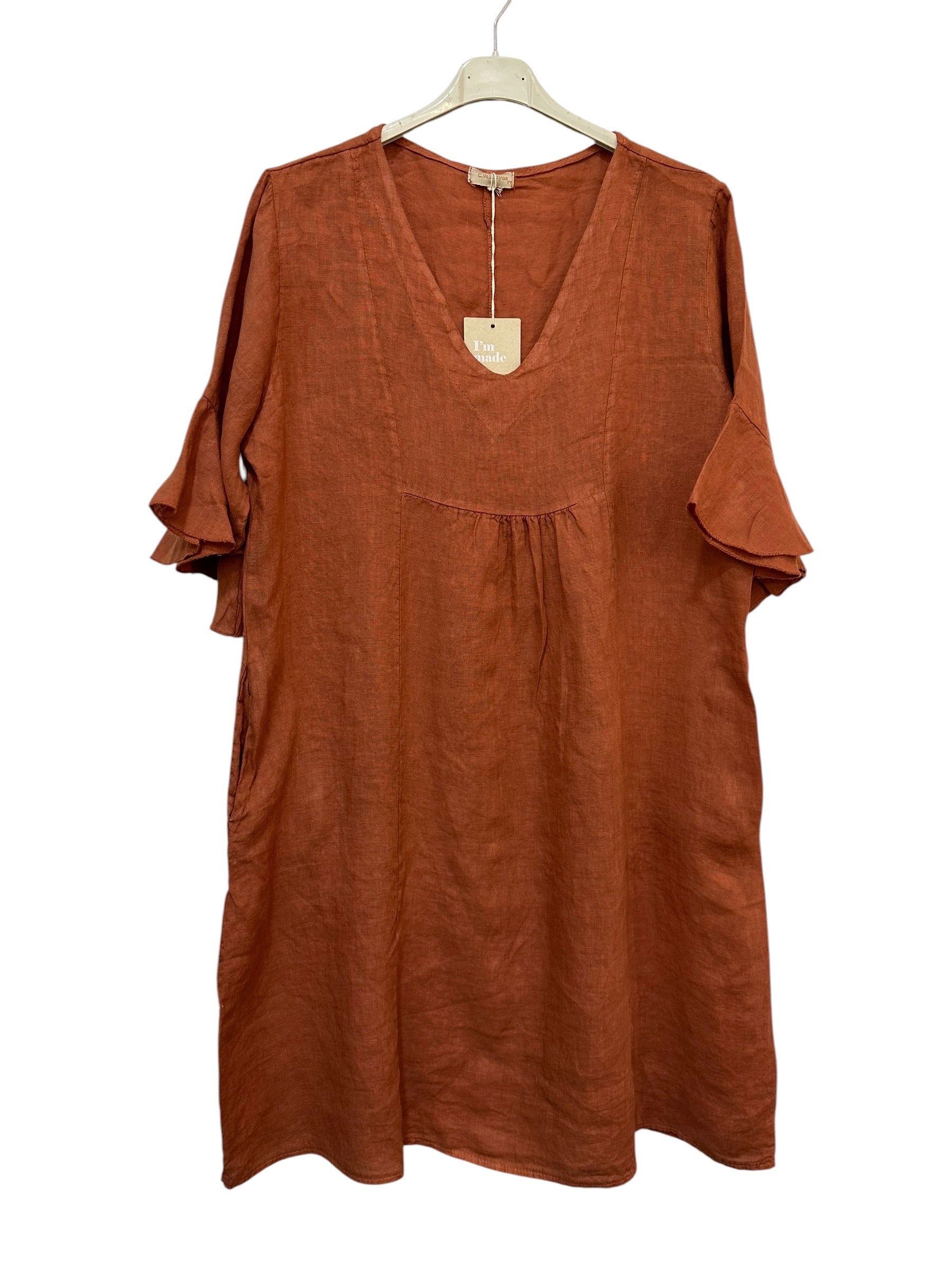 VC484BRI Linen Flutter-Sleeve Dress Brick