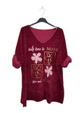 VM29 Wine Red Floral Graphic V-Neck Velvet Top