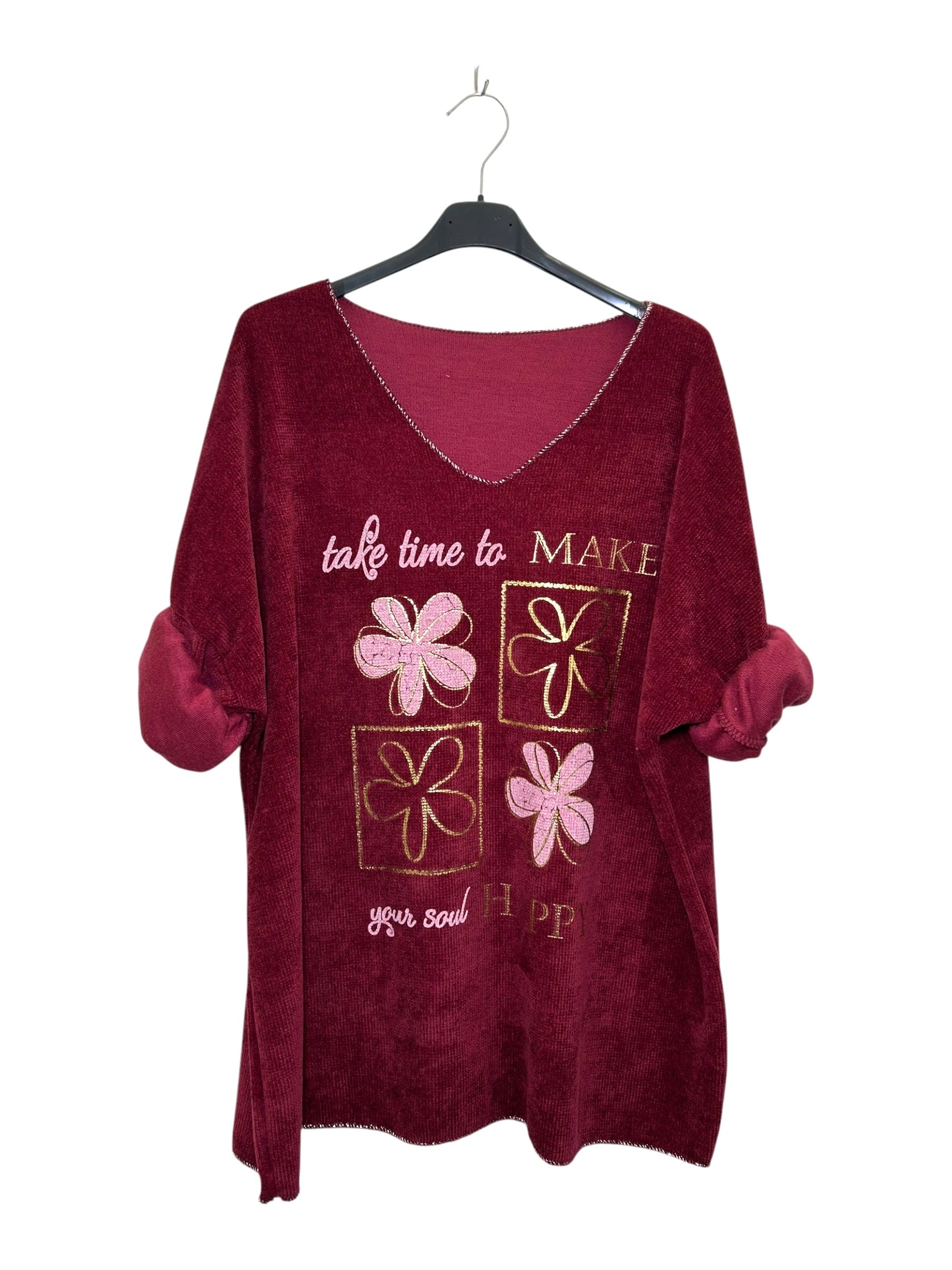 VM29 Wine Red Floral Graphic V-Neck Velvet Top