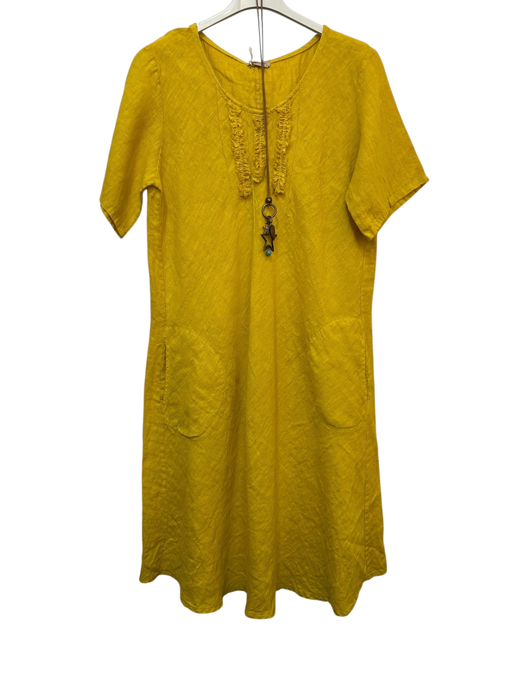 VC3996OCH Linen Round-Neck Pocket Dress Ochre