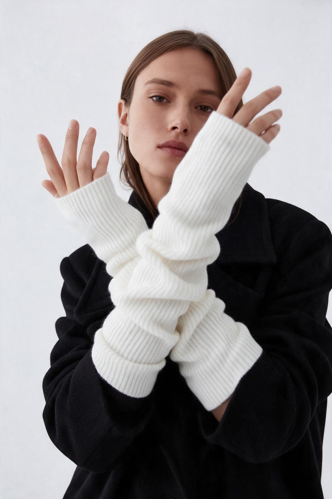 JA392 White Long Knit Arm Warmers