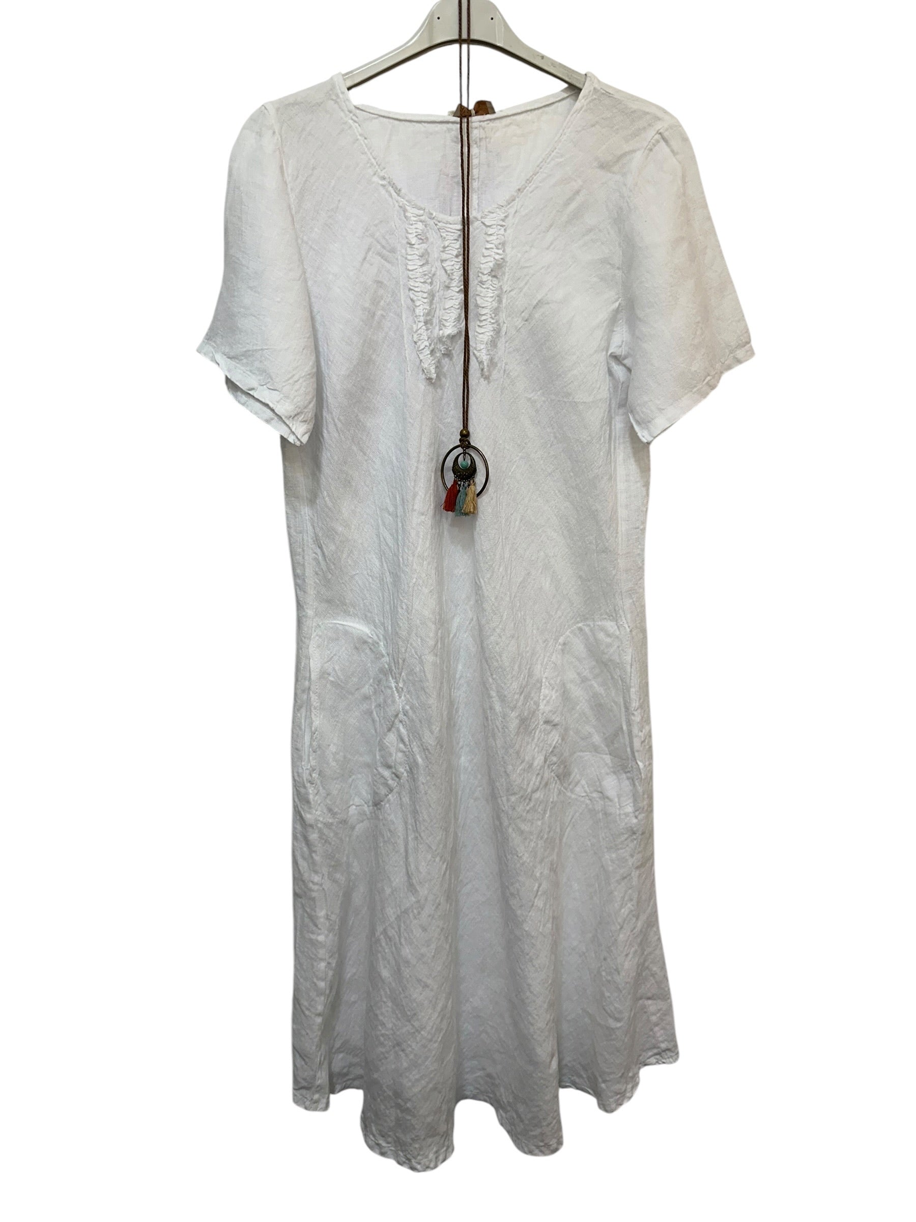VC3996WHI Linen Round-Neck Pocket Dress White