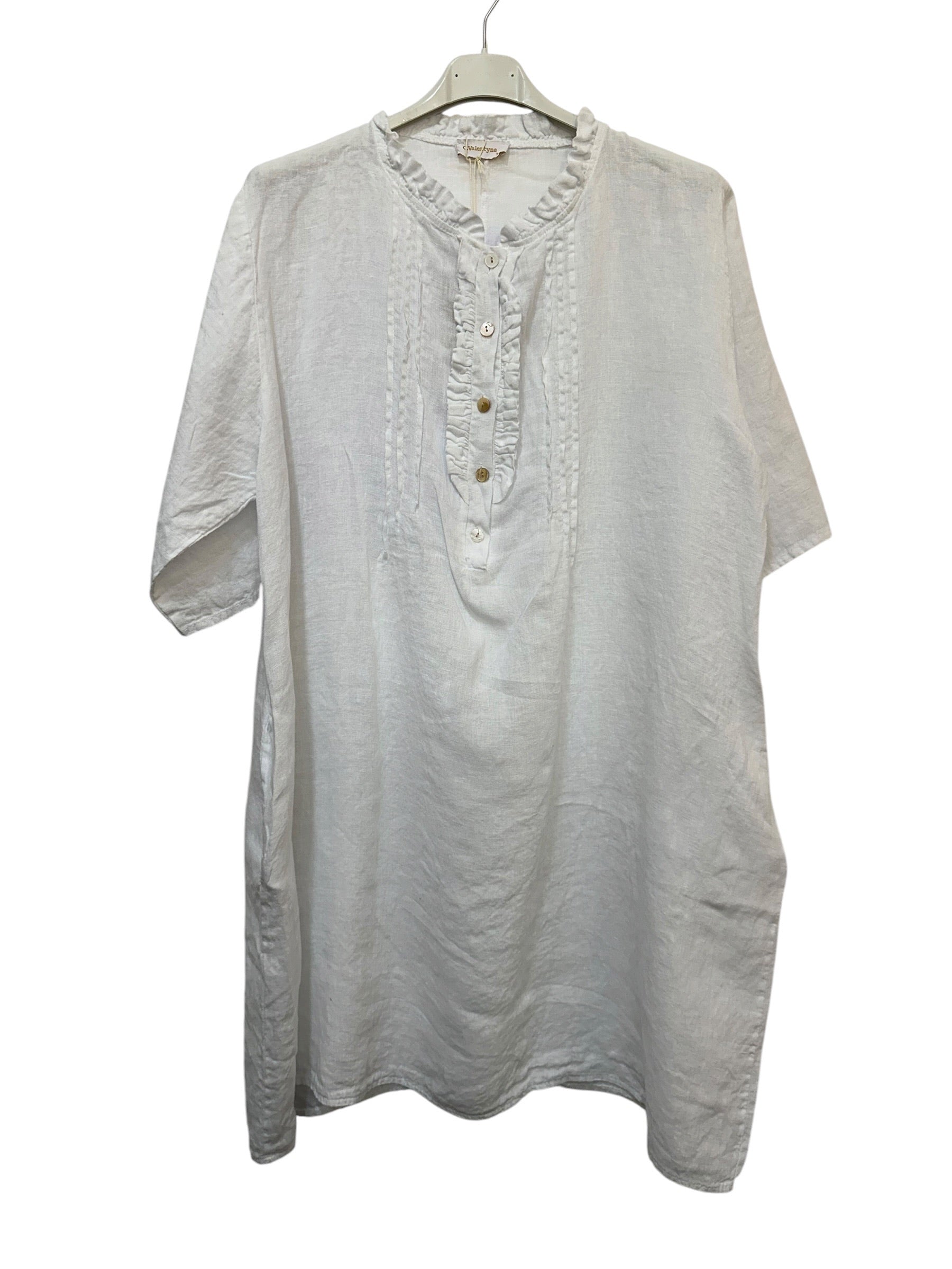 VC0595WHI Linen Ruffle Placket Dress White