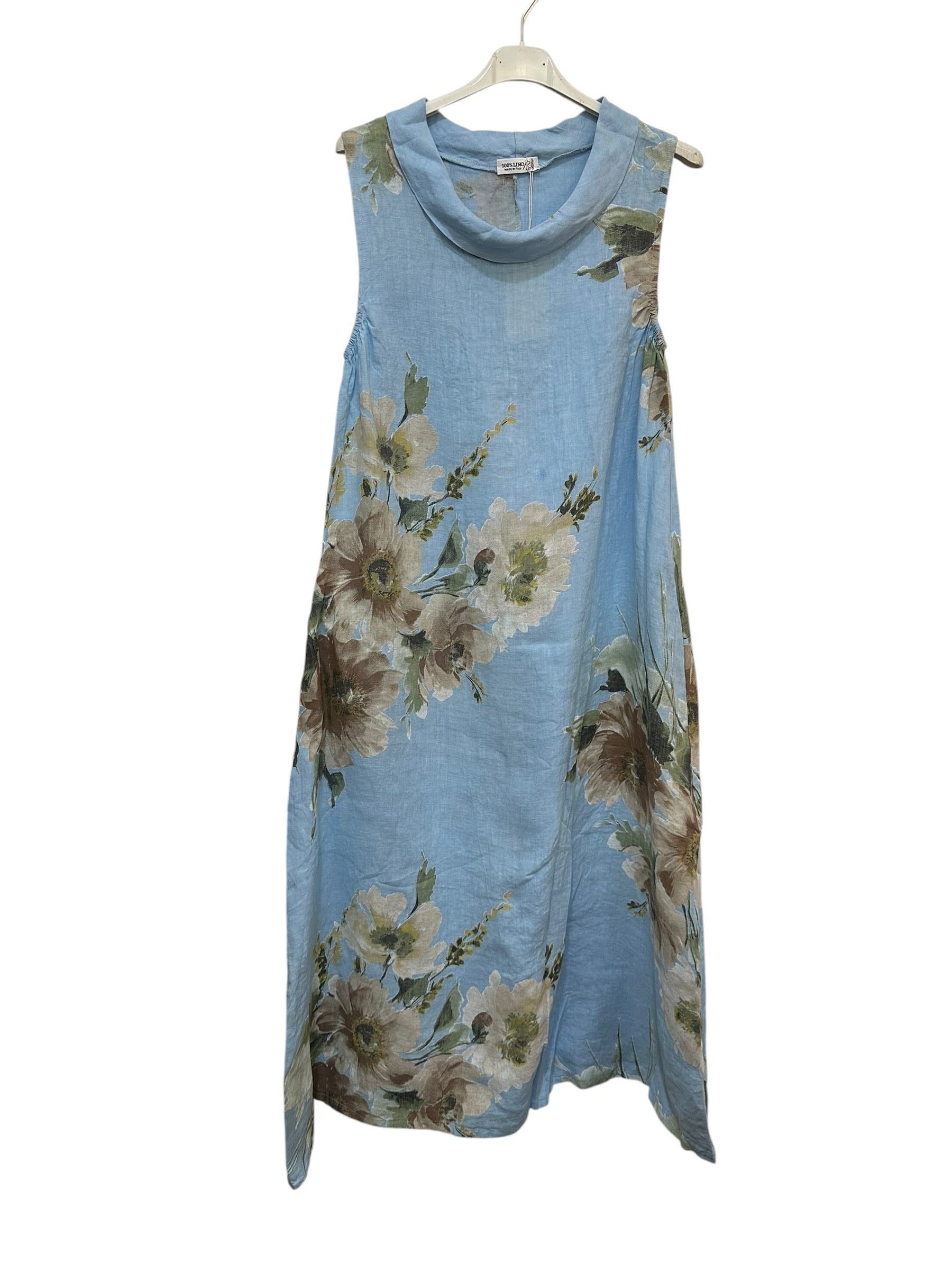 VC5308SKY Sleeveless Linen Floral Dress Sky Blue