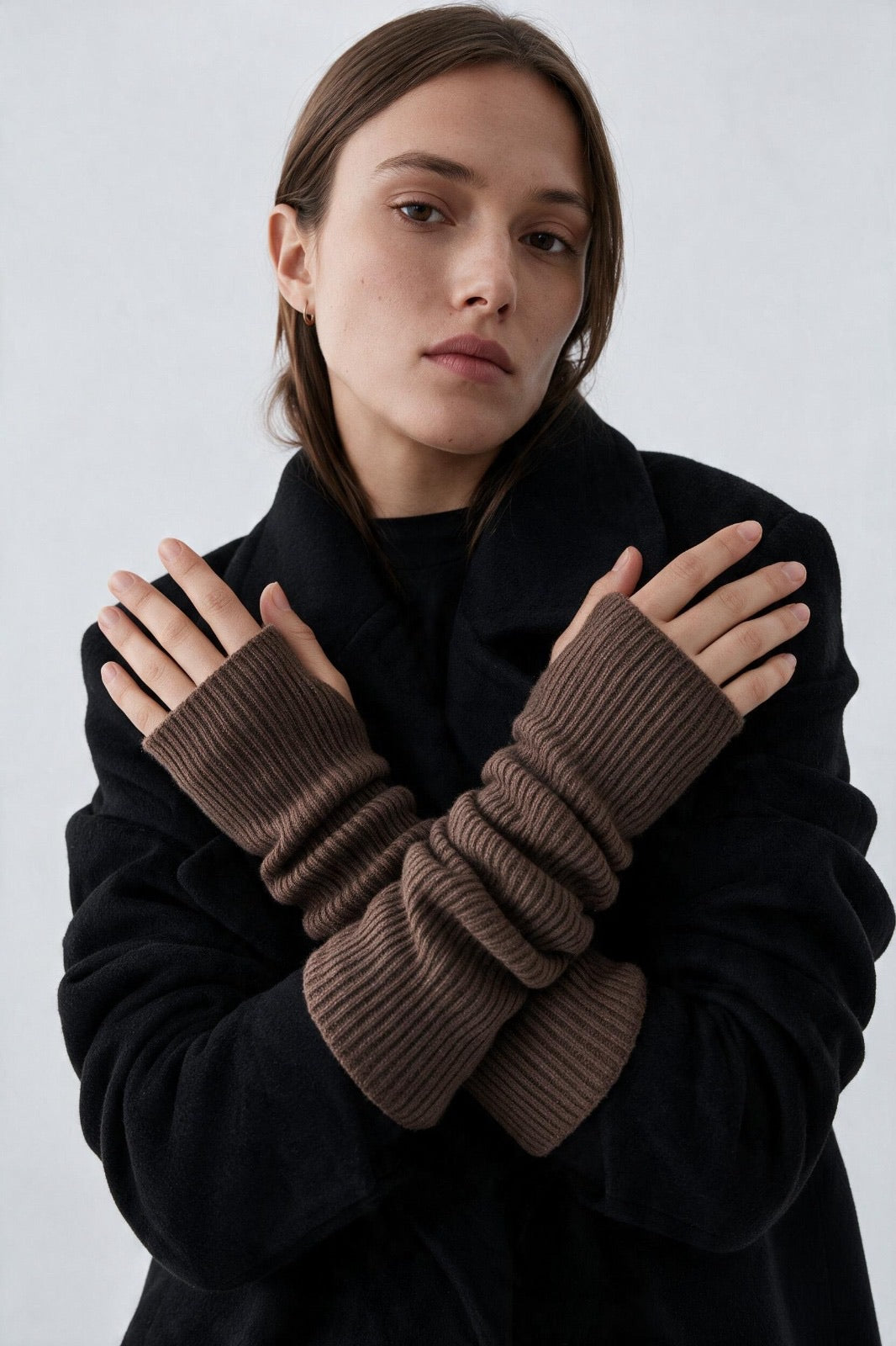 JA391 Brown Long Knit Arm Warmers