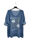 VM32 Denim Blue Floral Graphic V-Neck Velvet Top
