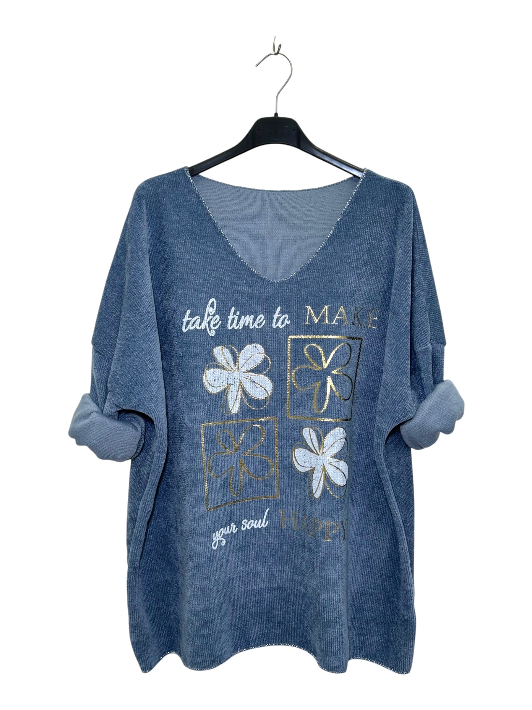 VM32 Denim Blue Floral Graphic V-Neck Velvet Top