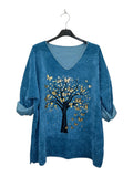 VI338 Petrol Blue V-Neck Velvet Tree Print Top