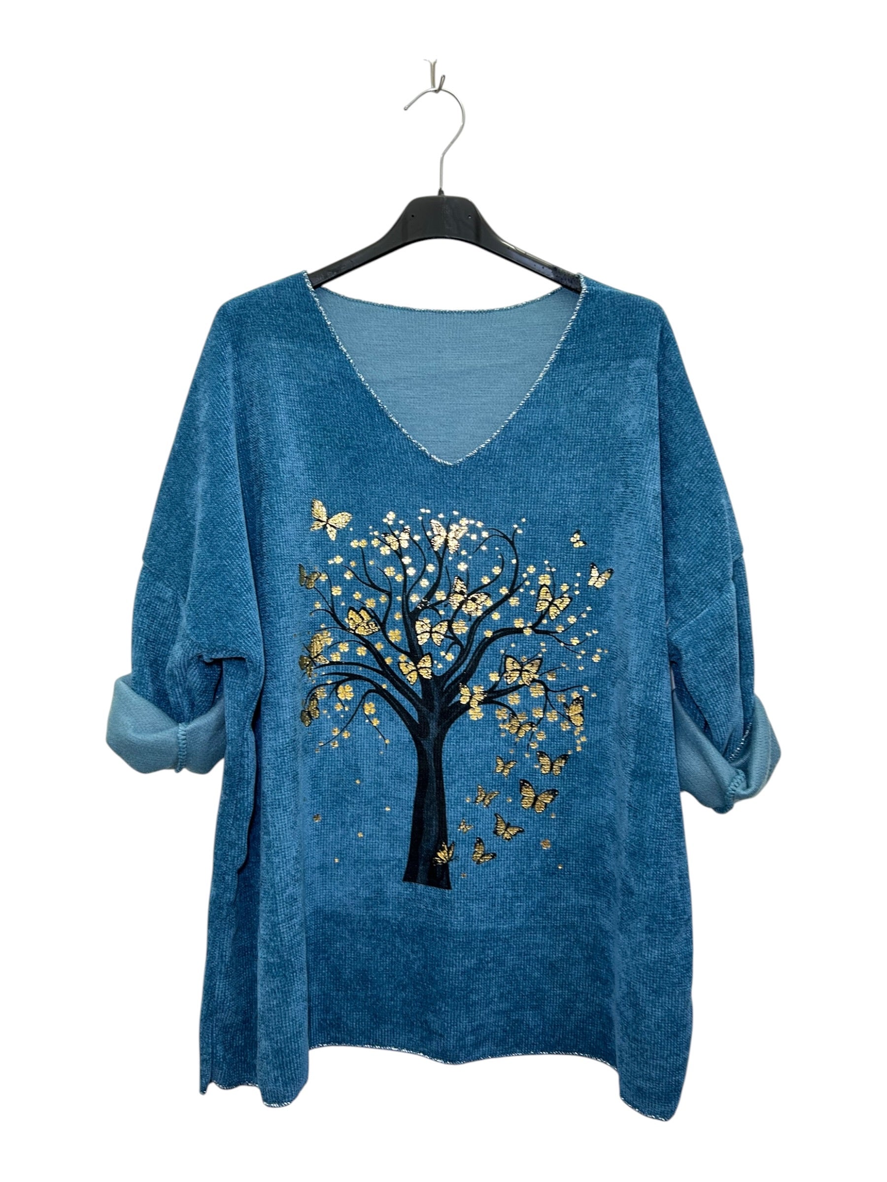 VI338 Petrol Blue V-Neck Velvet Tree Print Top