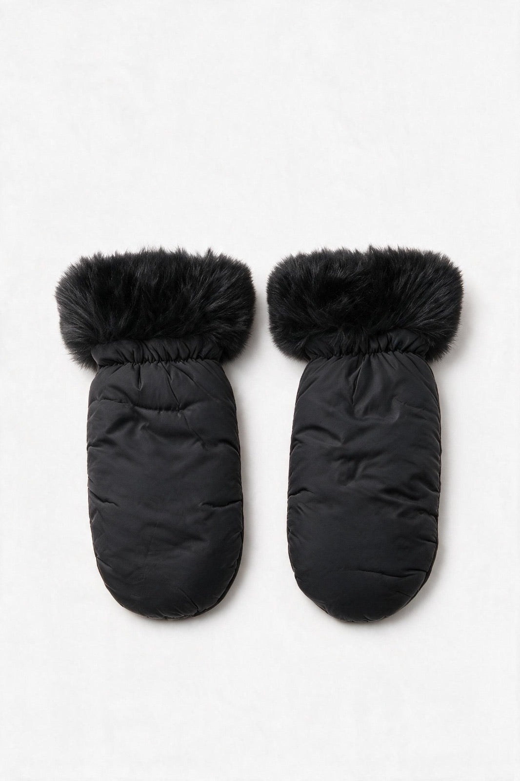 JA372 Black Fur Trim Puffer Mittens