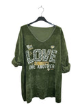VI345 Khaki V-Neck Velvet Love Print Top