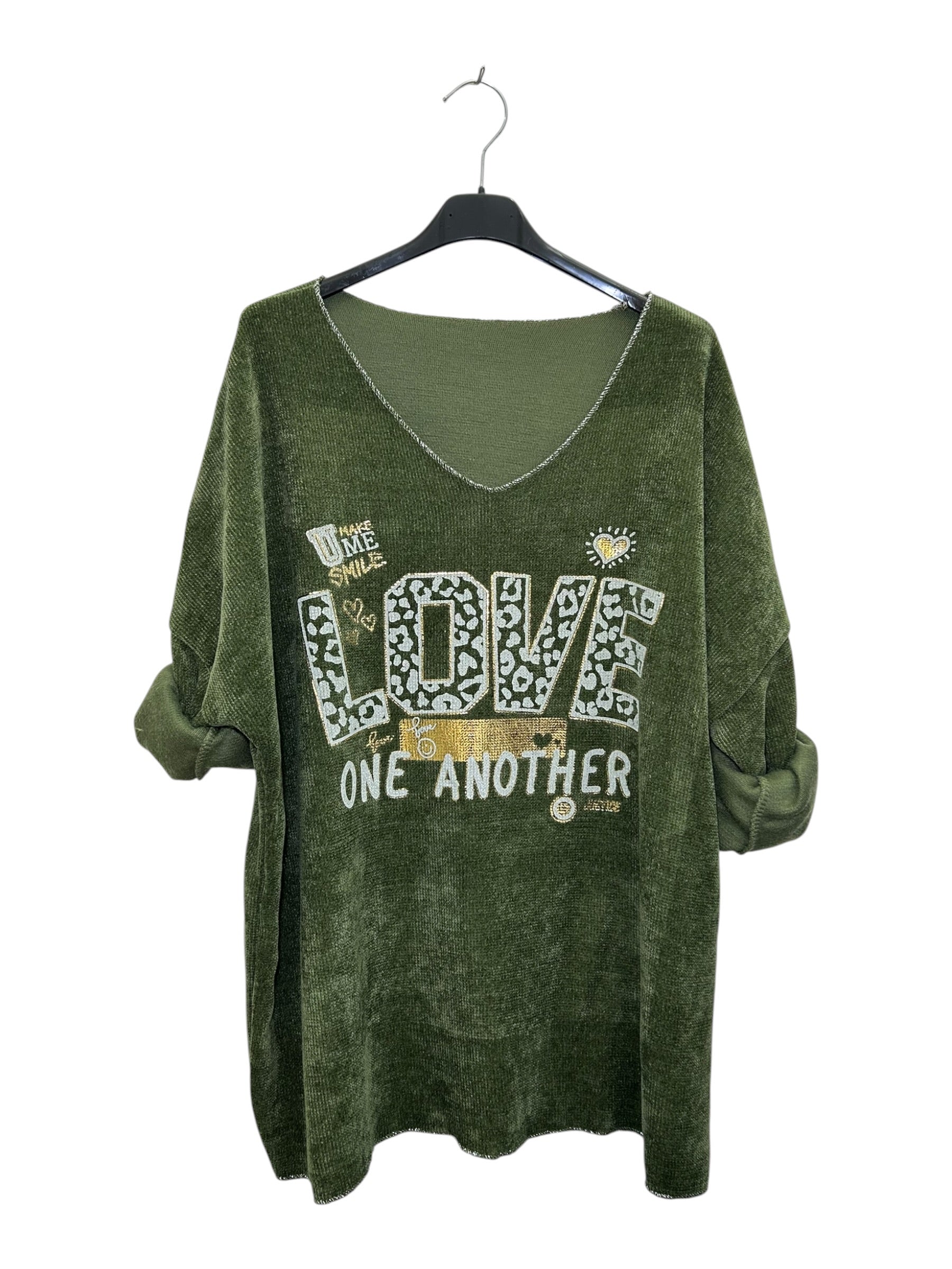 VI345 Khaki V-Neck Velvet Love Print Top