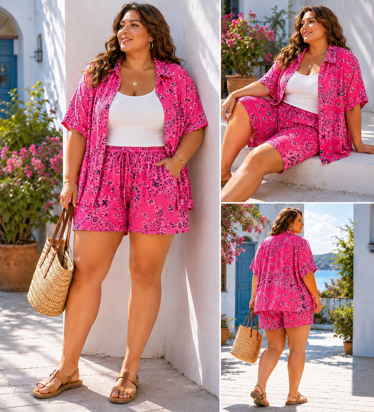 IV25262125FU Gauze Cotton Bandana Shorts Plus Size Fuchsia