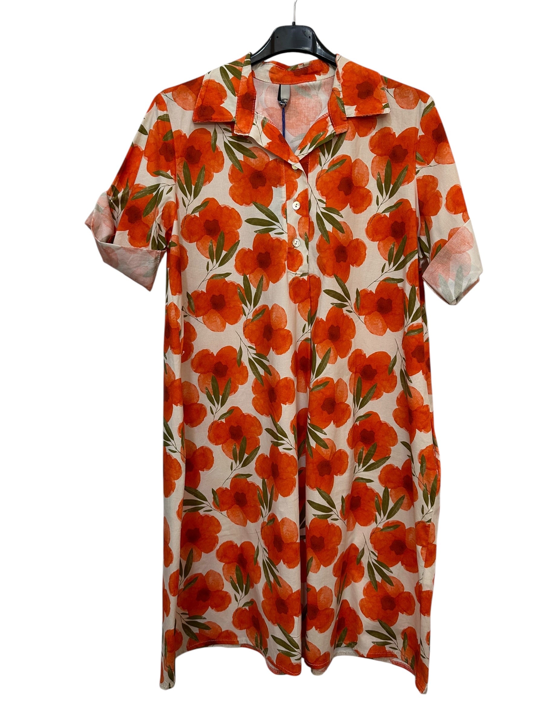 VC24002CRED Cotton Poppy Floral Shirt Dress Red