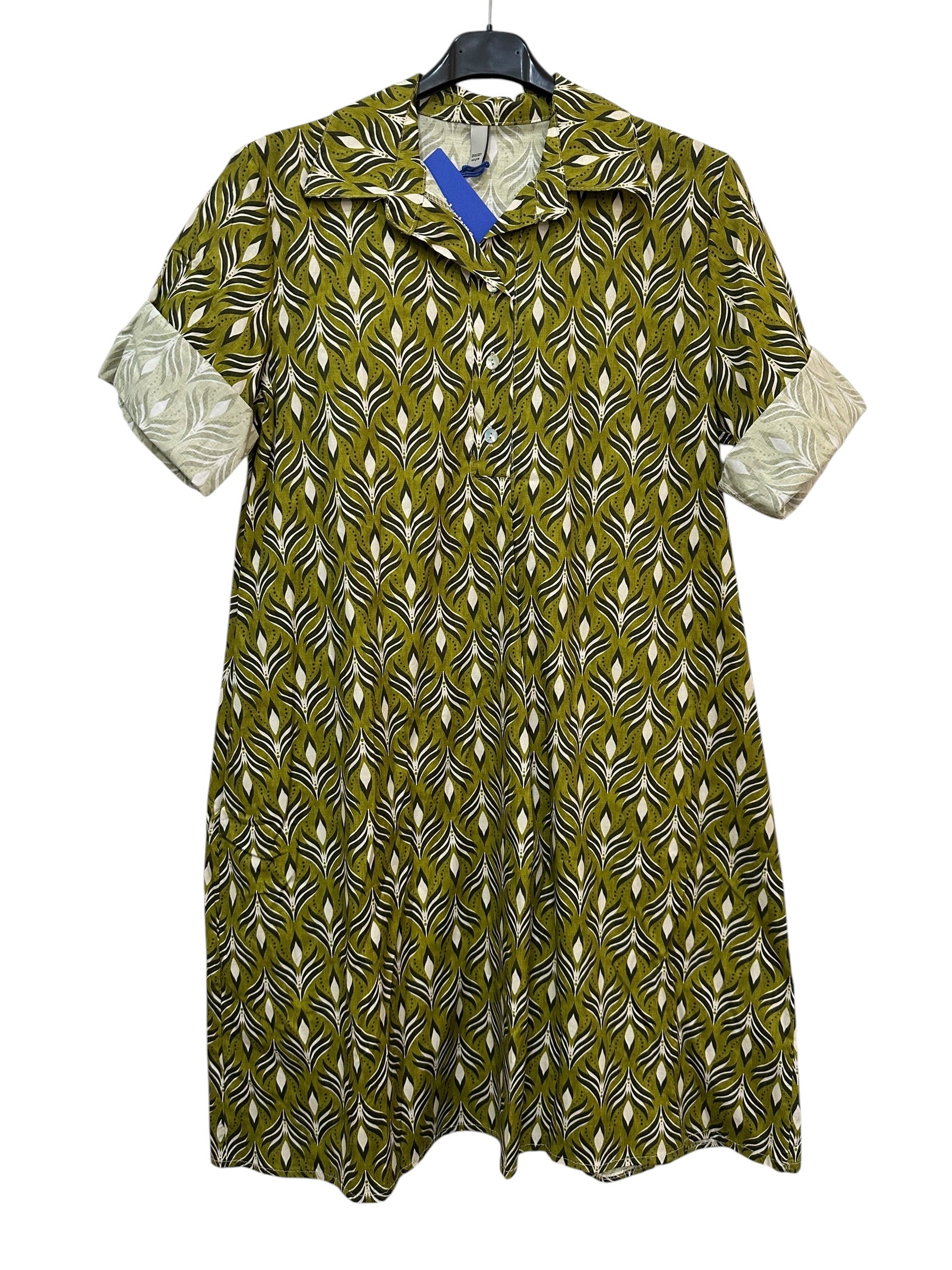 VC24002HANI Cotton Leaf Print Shirt Dress Anise Green
