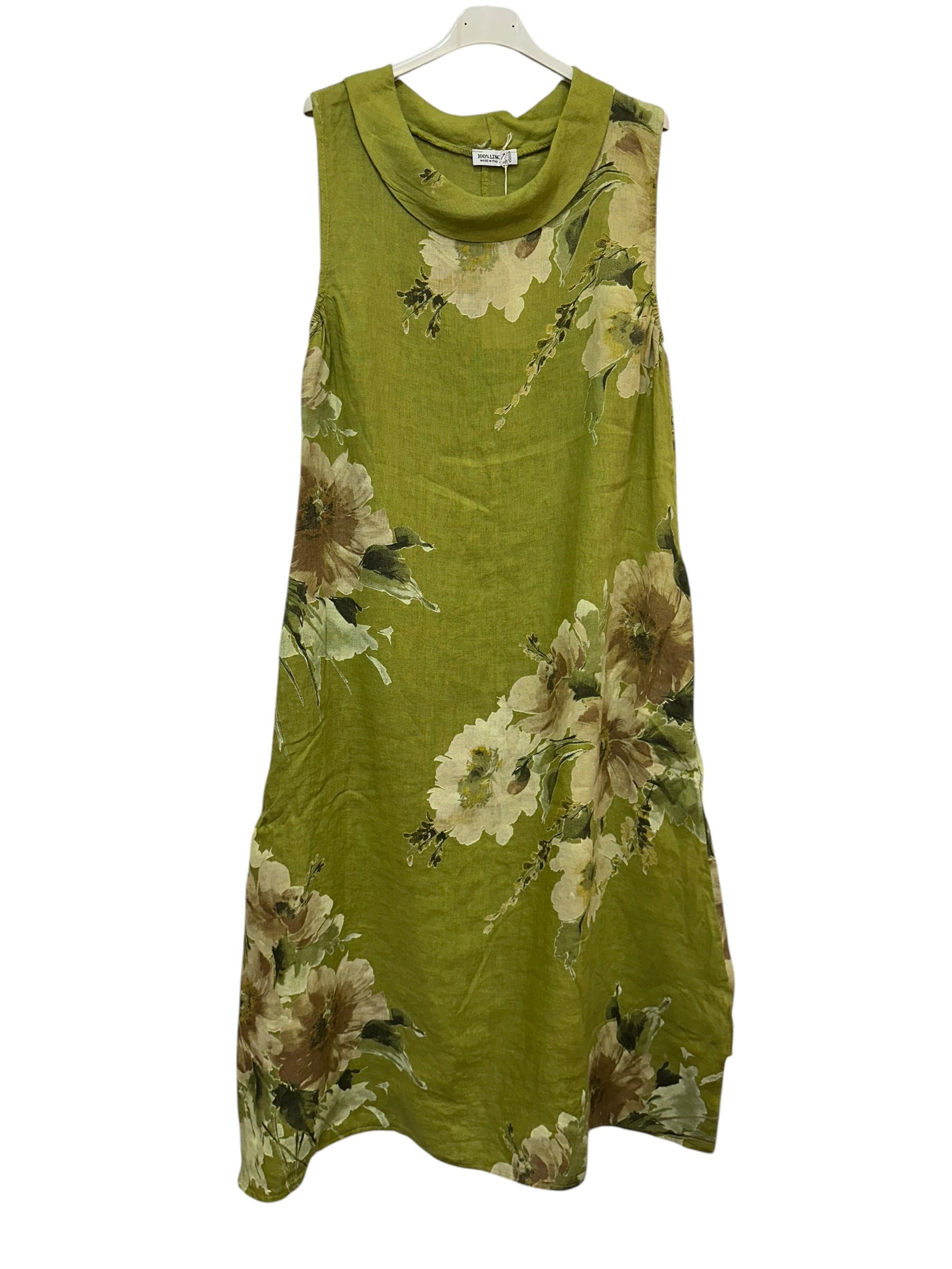 VC5308ANI Sleeveless Linen Floral Dress Anise Green