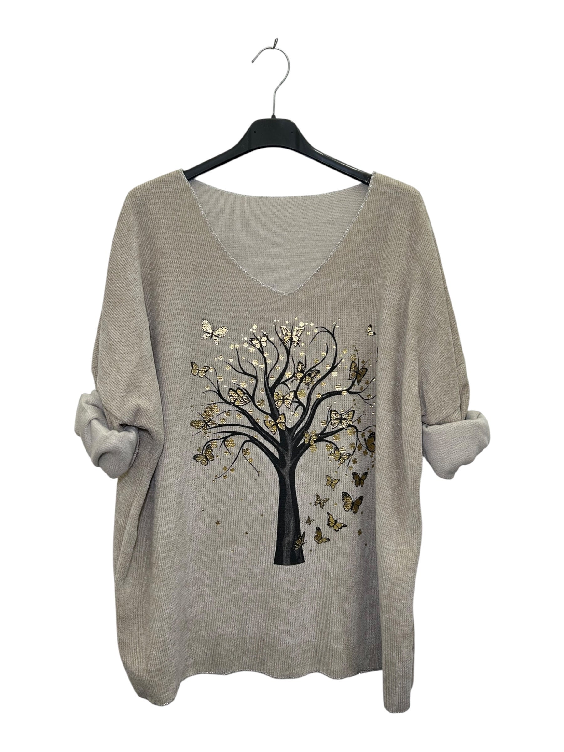 VI333 Beige V-Neck Velvet Tree Print Top
