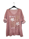 VM28 Pink Floral Graphic V-Neck Velvet Top