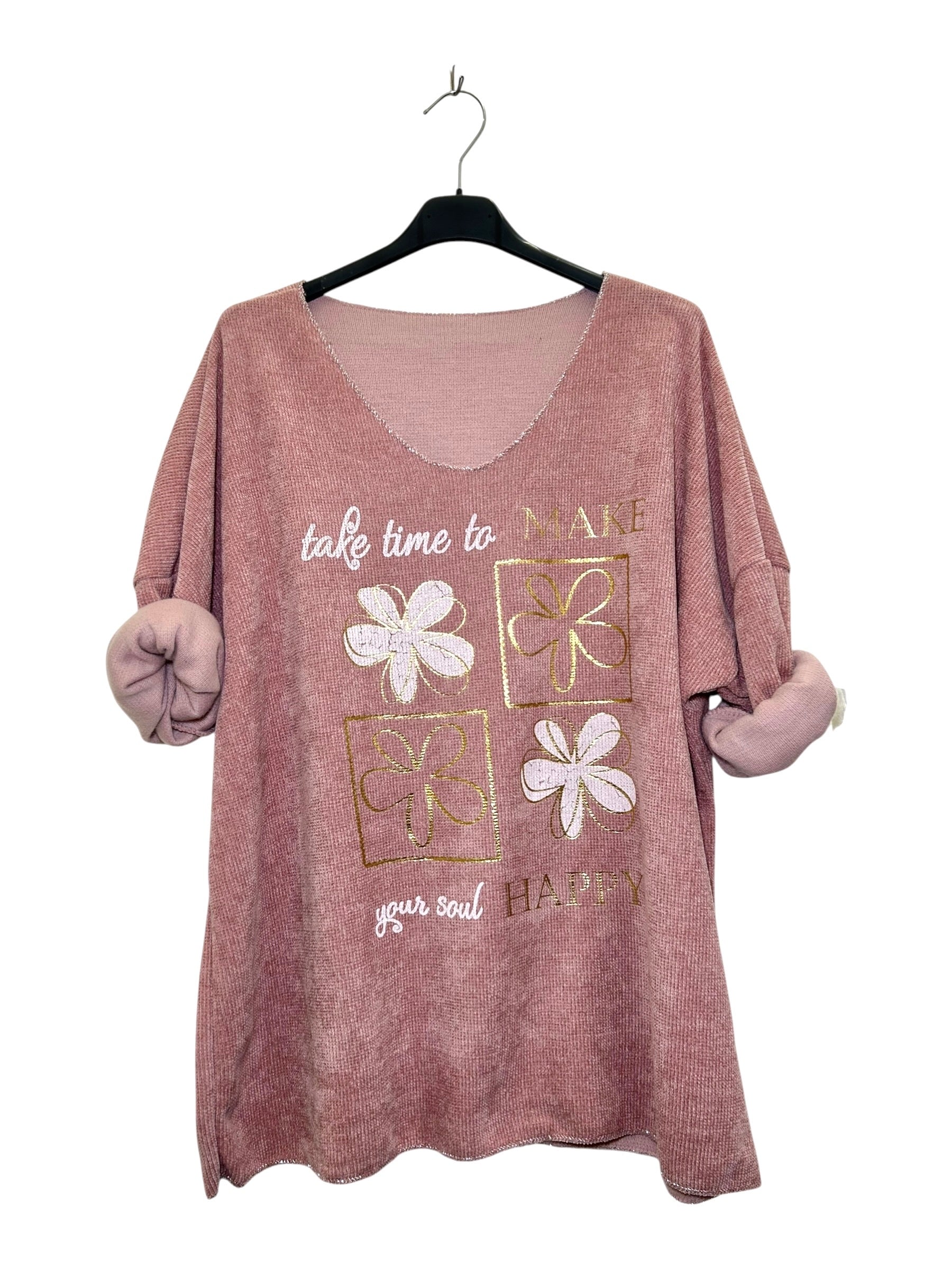 VM28 Pink Floral Graphic V-Neck Velvet Top