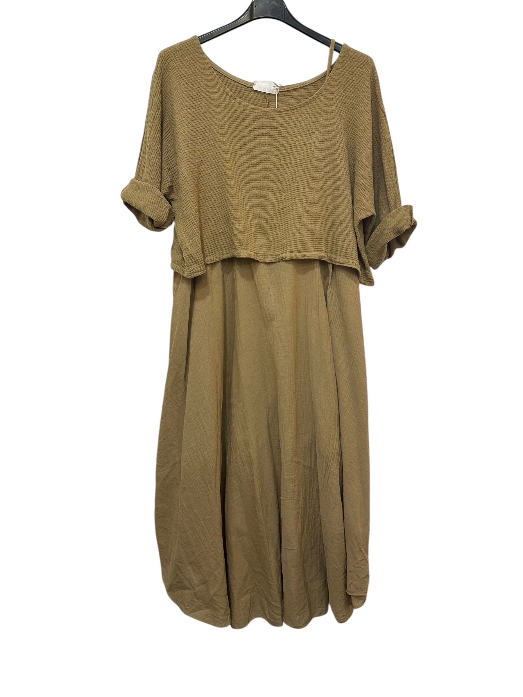 VC2PCSCAM Cotton Two-Piece Midi Dress Set Camel