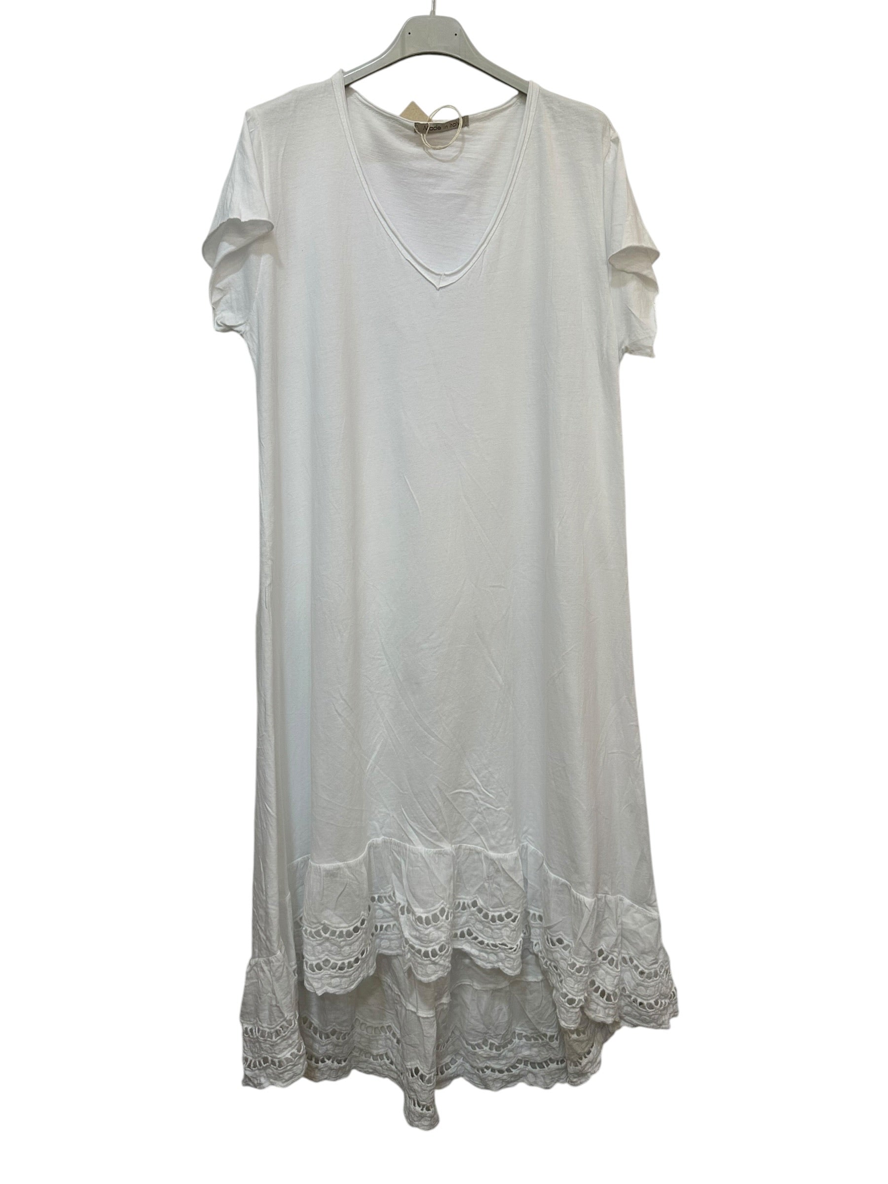 VC2525WHI Washed Cotton Lace-Hem Dress White