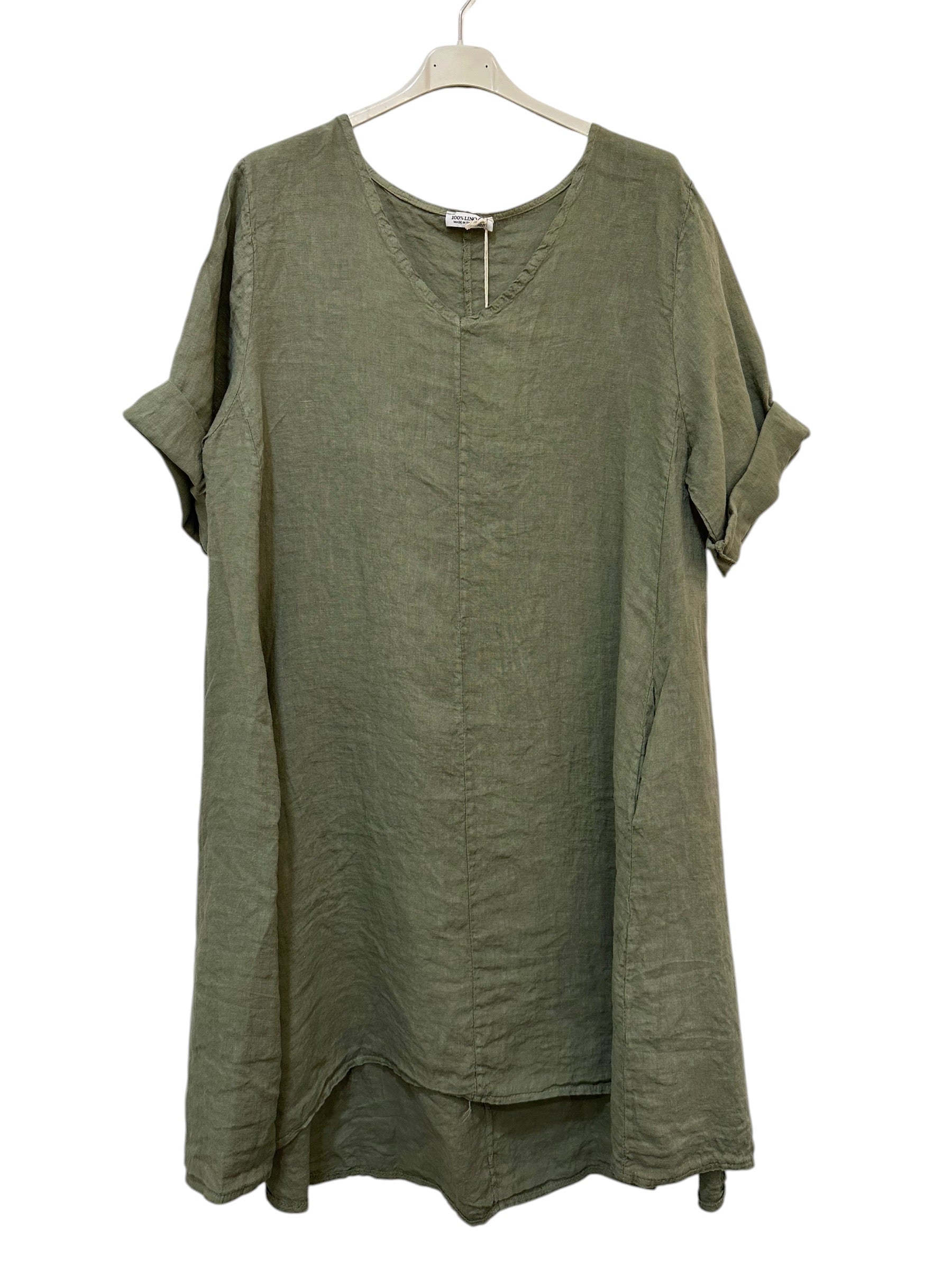 VC5394KHA Linen V-Neck Midi Dress Khaki