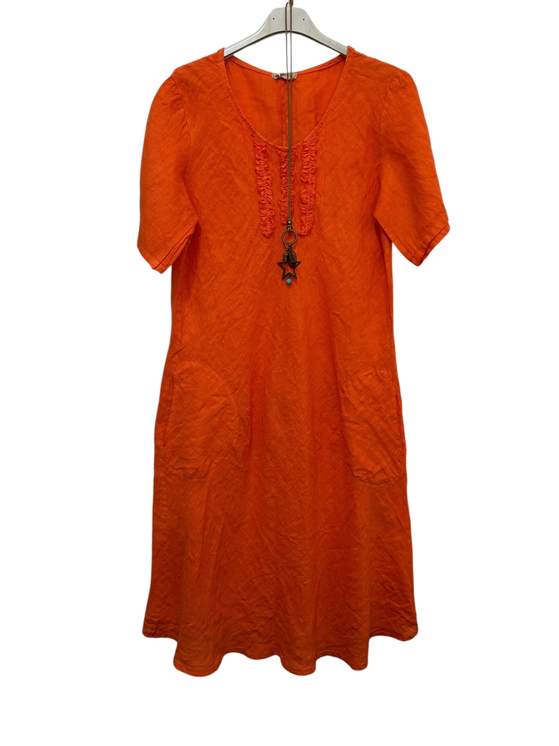 VC3996ORA Linen Round-Neck Pocket Dress Orange