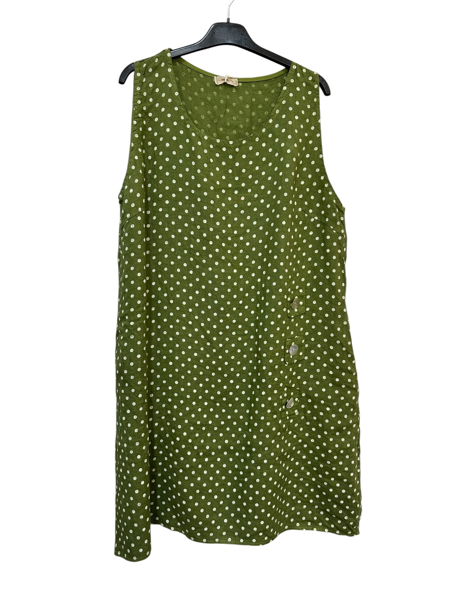 VC1302POLI Sleeveless Linen Polka Dot Dress Olive Green
