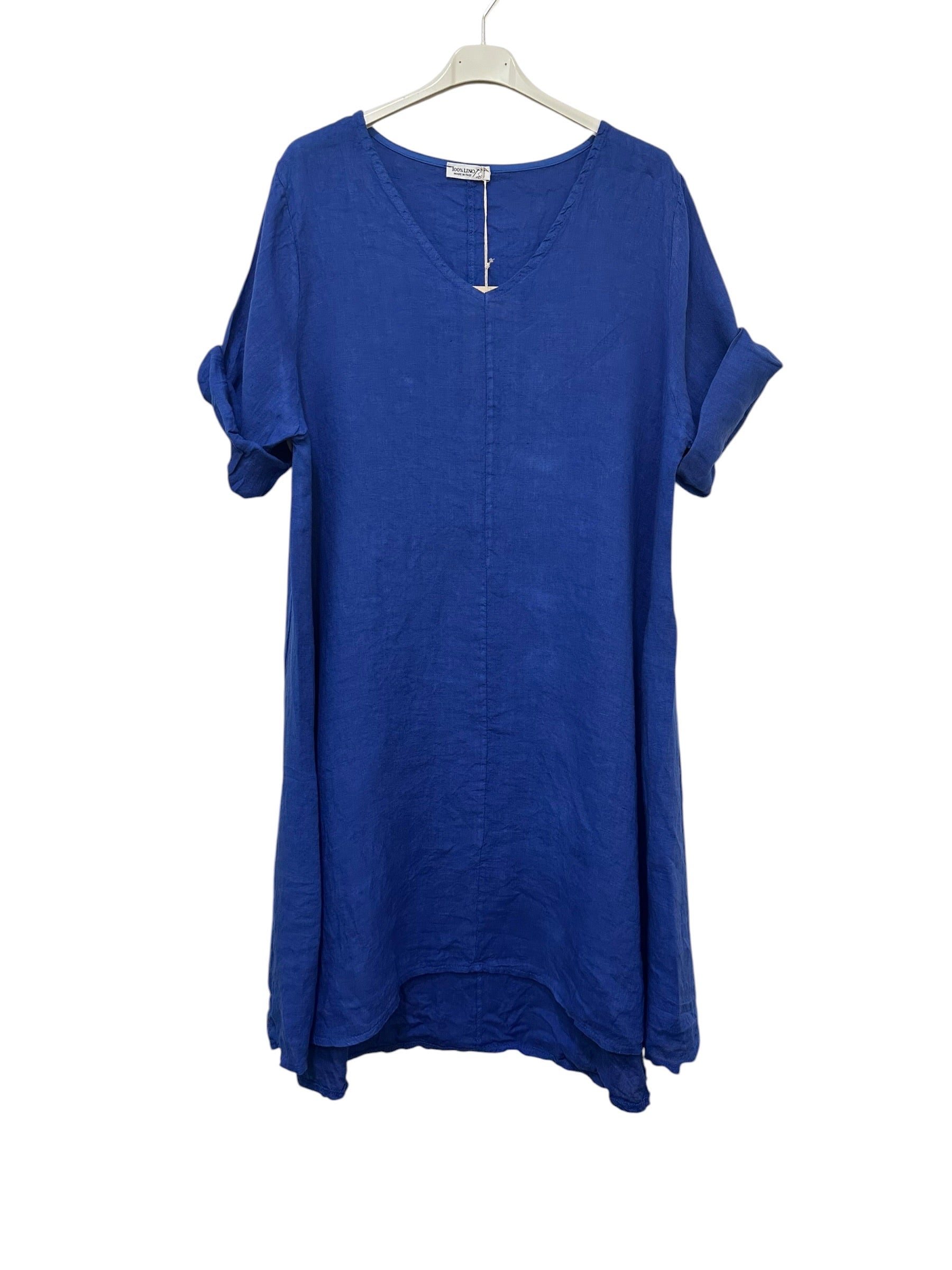 VC5394ROY Linen V-Neck Midi Dress Royal Blue