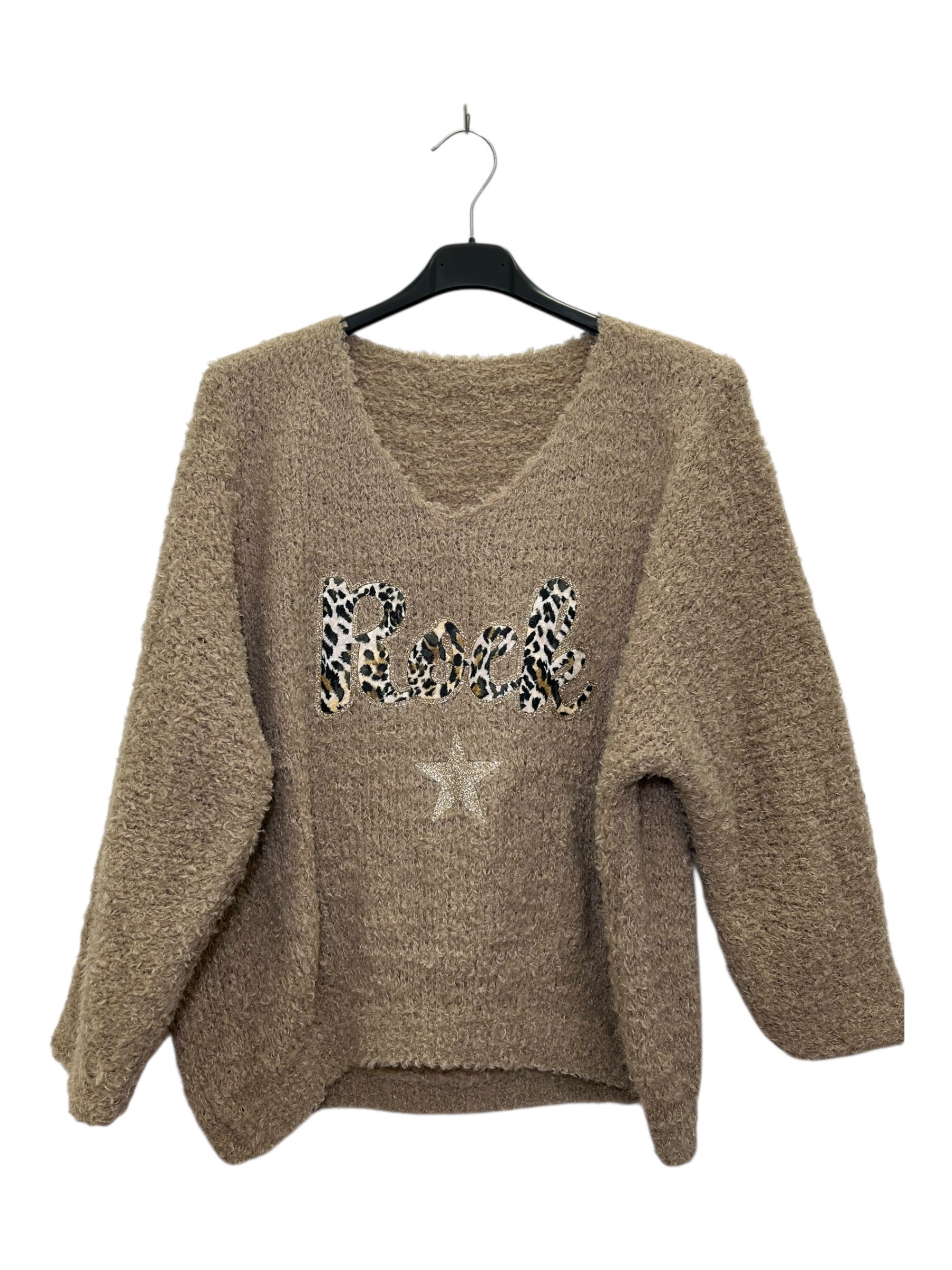 VM72 Dark Beige Rock Print Teddy Sweater